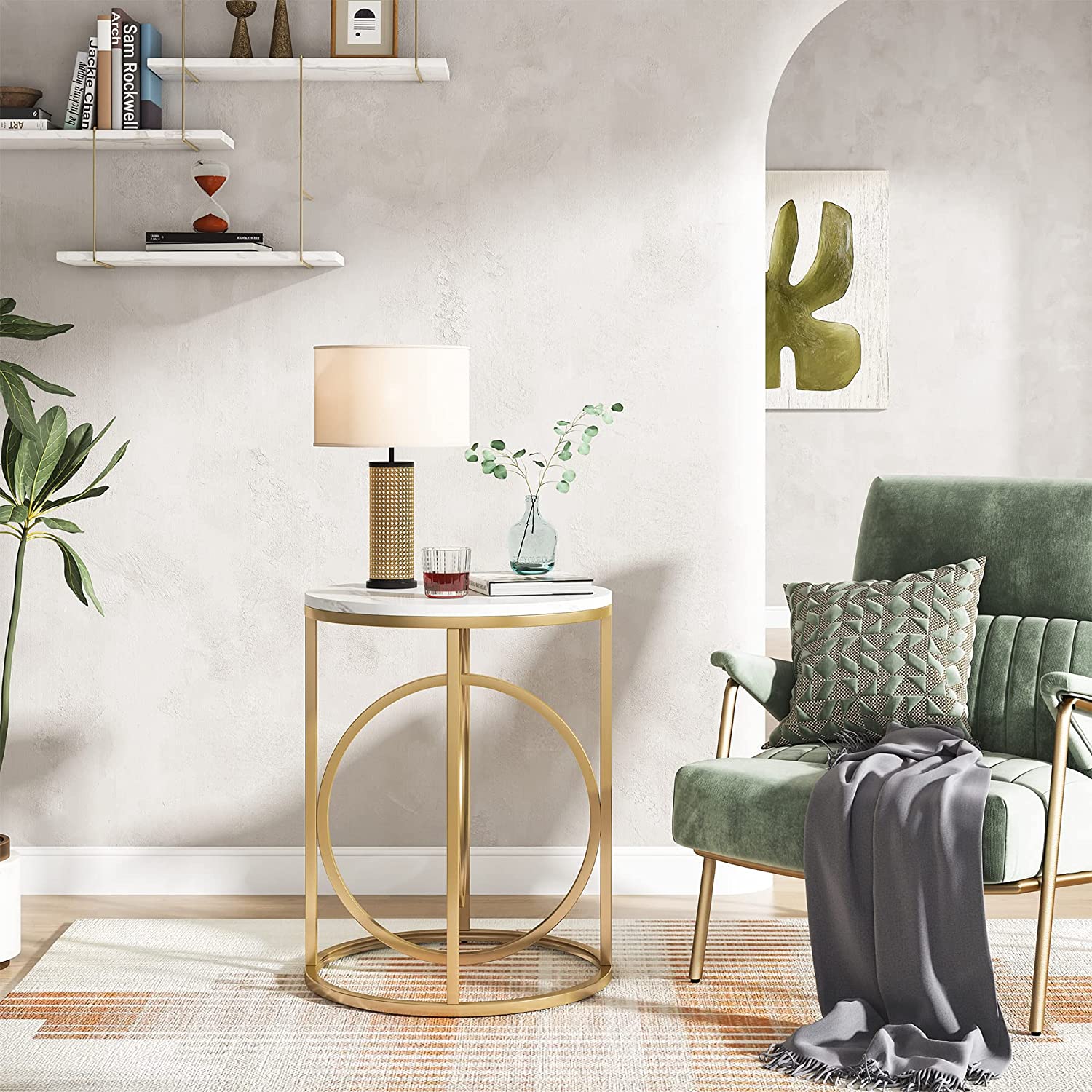 End Table, Modern Round Sofa Side Table with Faux Marble Top Tribesigns