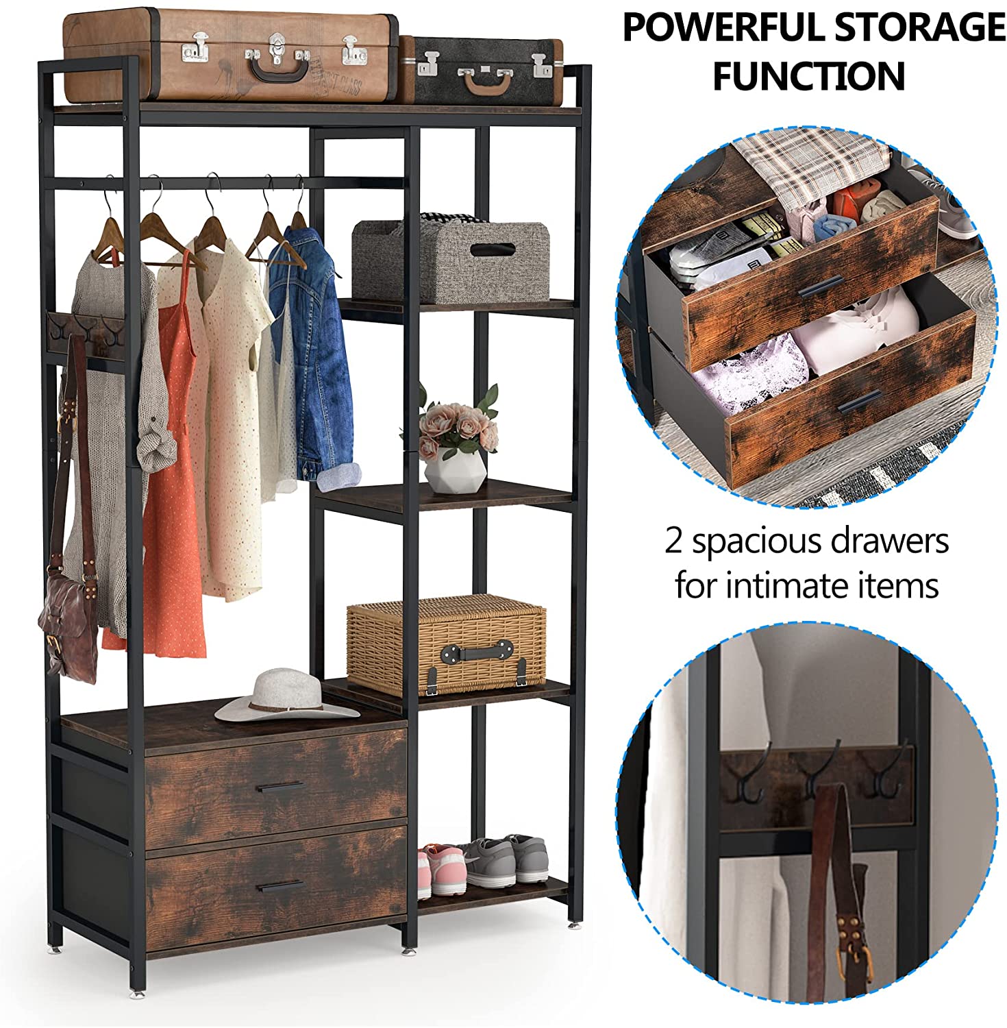 Freestanding Closet Organizer, Garment Rack with 2 Fabric Drawers Tribesigns