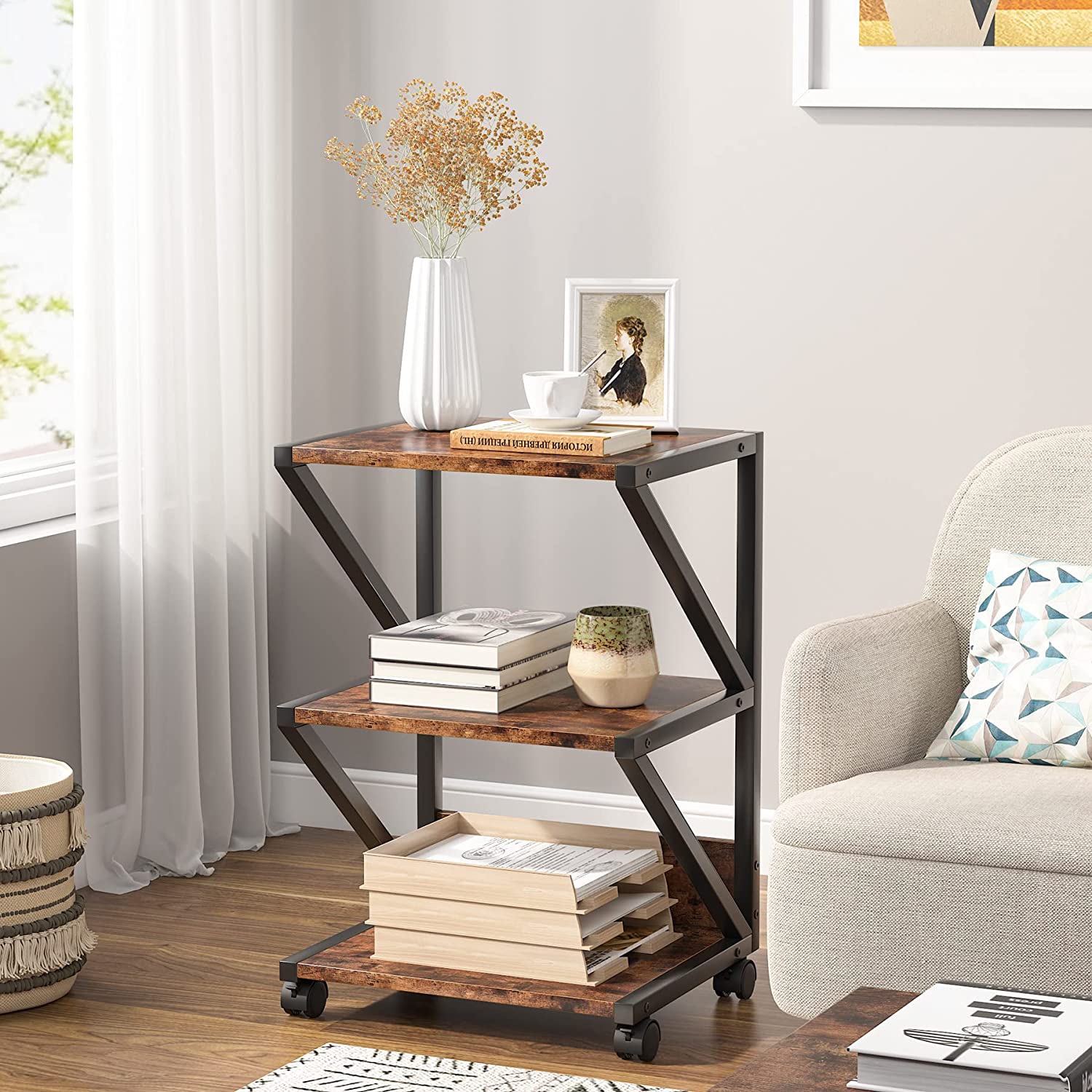 Tribesigns's Sleek printer stand is repurposed as a stylish end table in a modern living room.