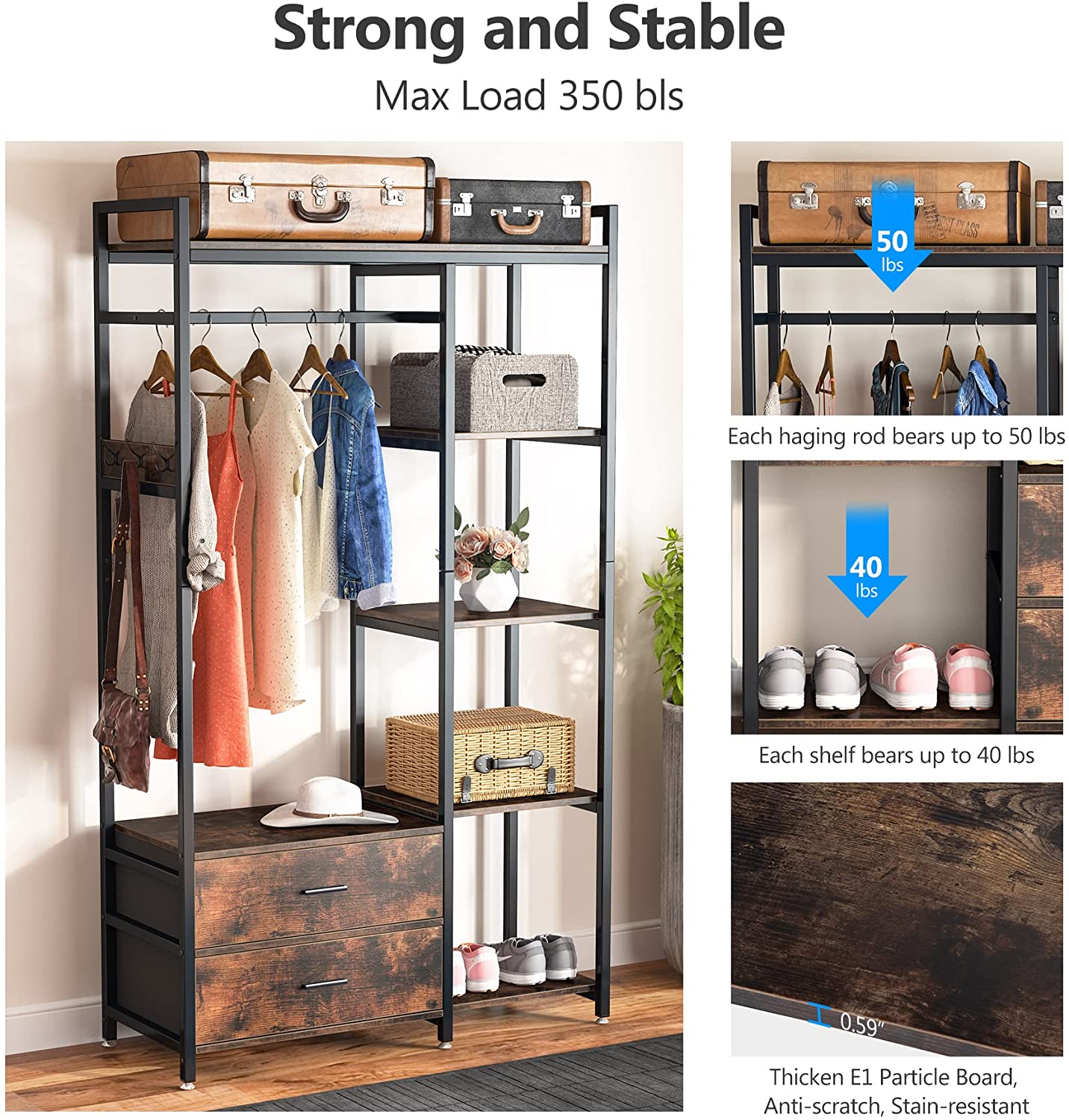 Freestanding Closet Organizer, Garment Rack with 2 Fabric Drawers Tribesigns