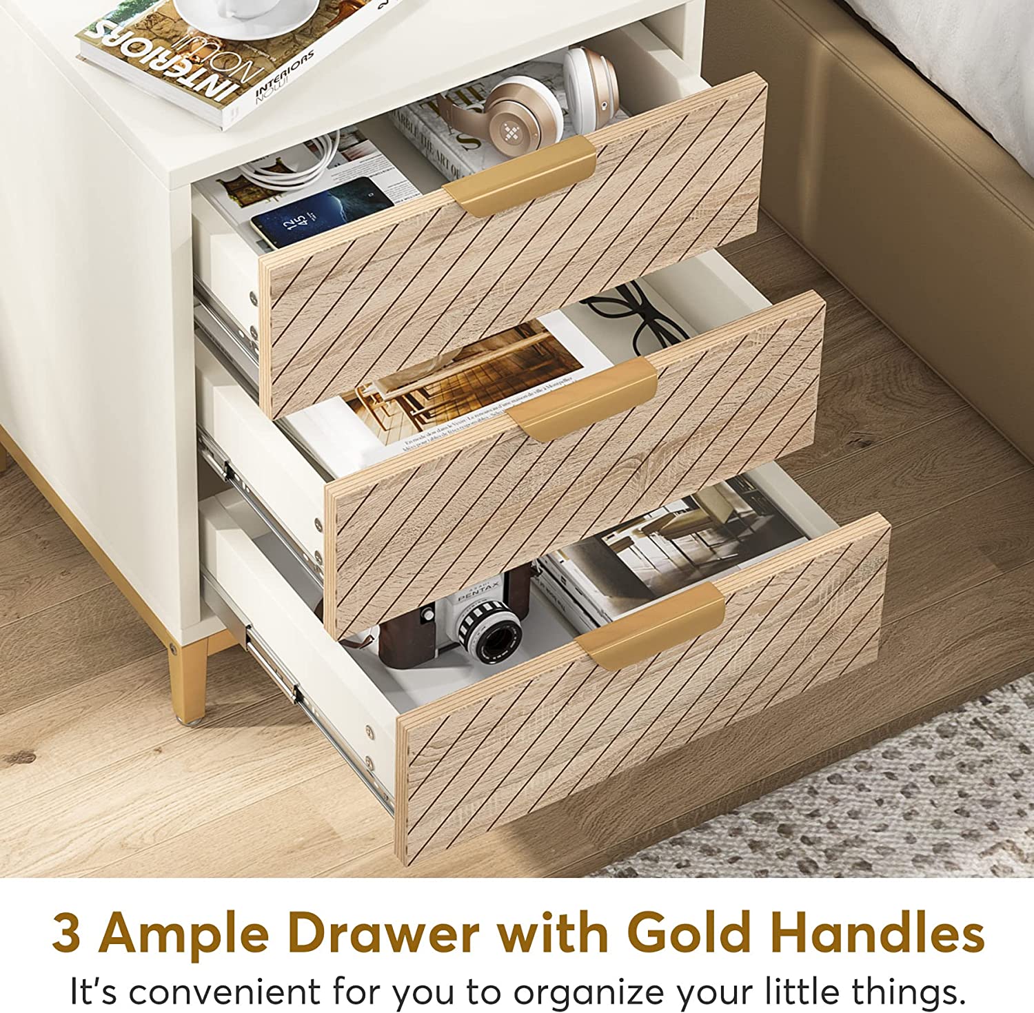 Nightstand, 3 Drawers Bedside End Table for Bedroom Tribesigns