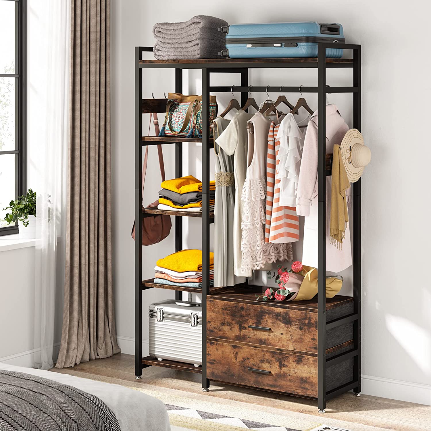 Freestanding Closet Organizer, Garment Rack with 2 Fabric Drawers Tribesigns