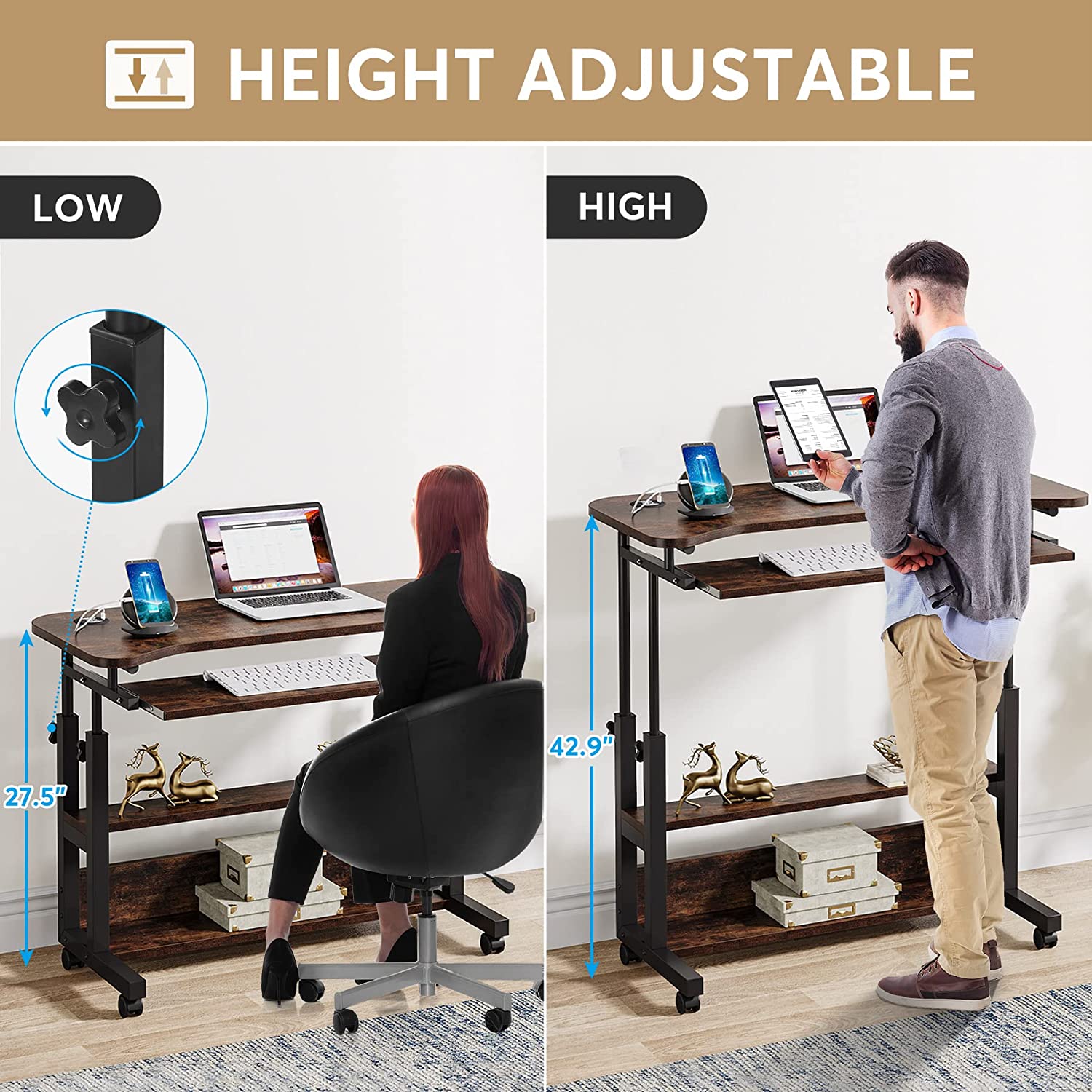 Tribesigns Height Adjustable Desk, Mobile Portable Desk with Wireless Charging Station Tribesigns