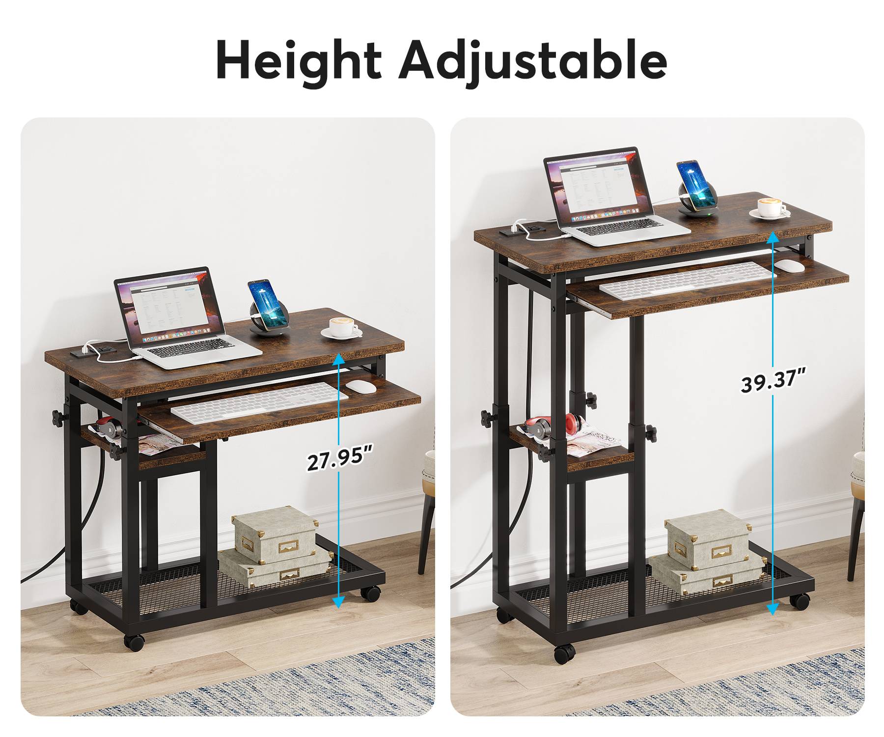 C Table, Mobile Portable Desk Side Table with Power Outlet Tribesigns