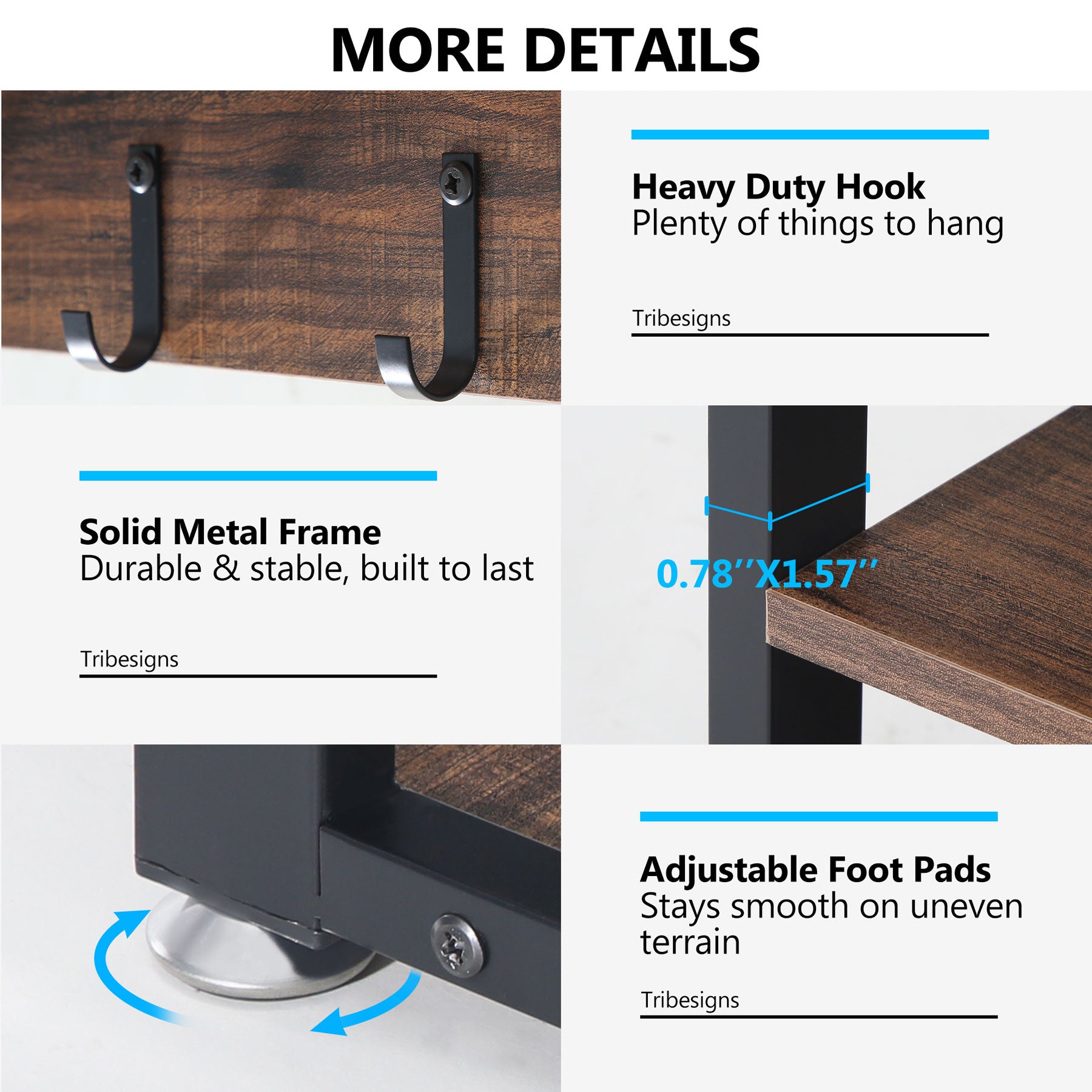Close-up detail image of Tribesigns's 5 IN 1 Coat Rack Shoe Bench Set, showing the heavy-duty hooks, solid metal frame, and adjustable feet pads.
