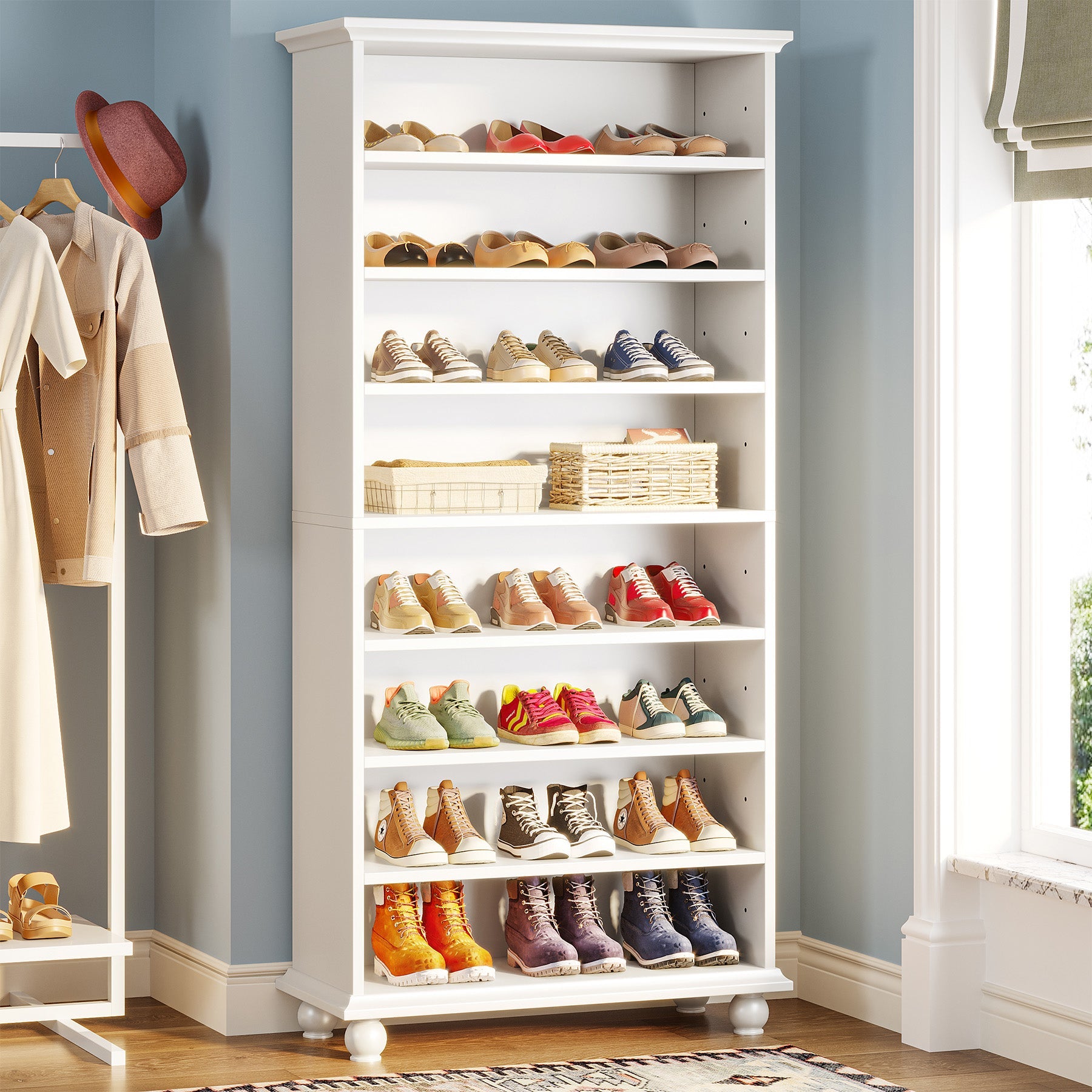 9-Tier Wood Shoe Cabinet Rack with LED Lighting & Solid Wood Legs Tribesigns