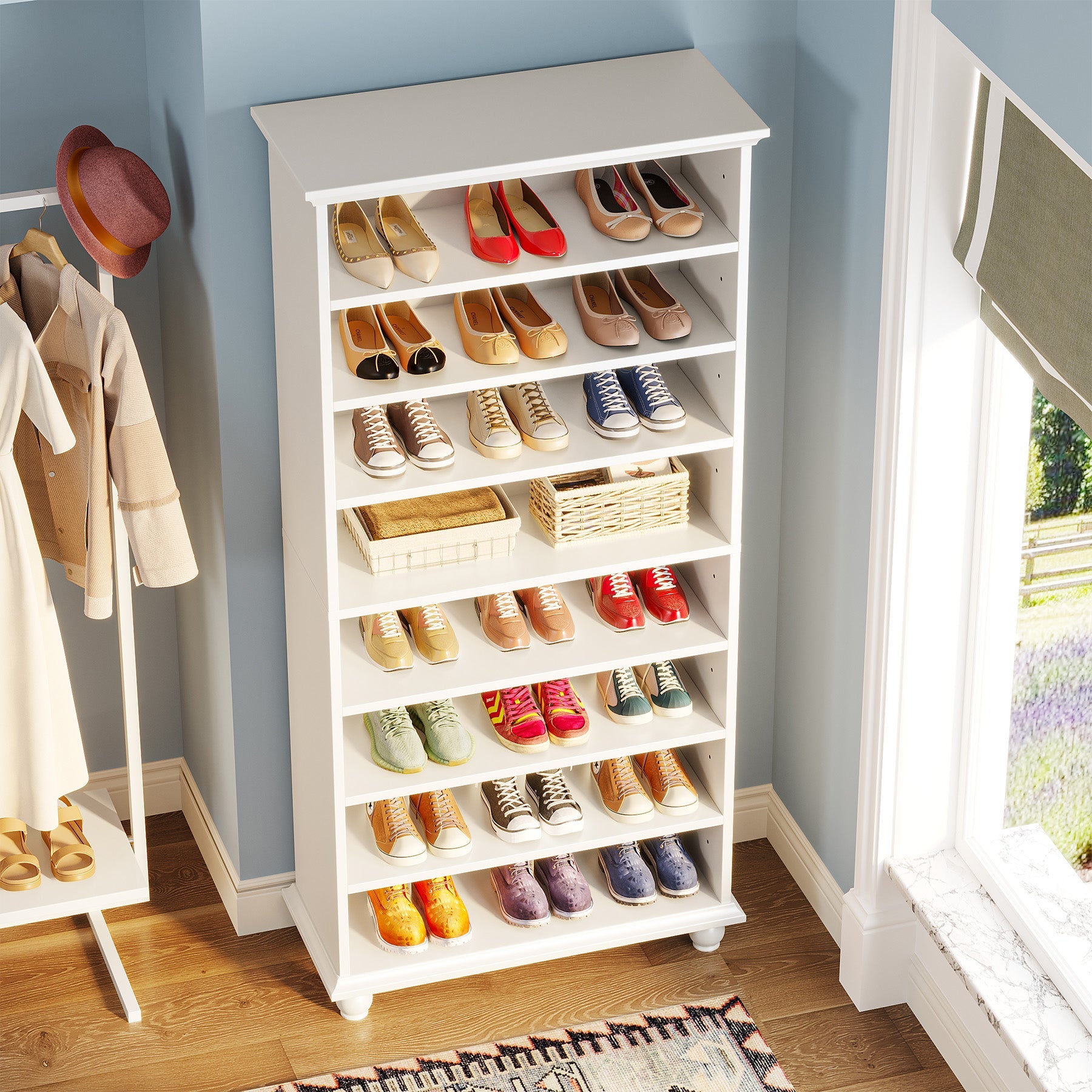 9-Tier Wood Shoe Cabinet Rack with LED Lighting & Solid Wood Legs Tribesigns