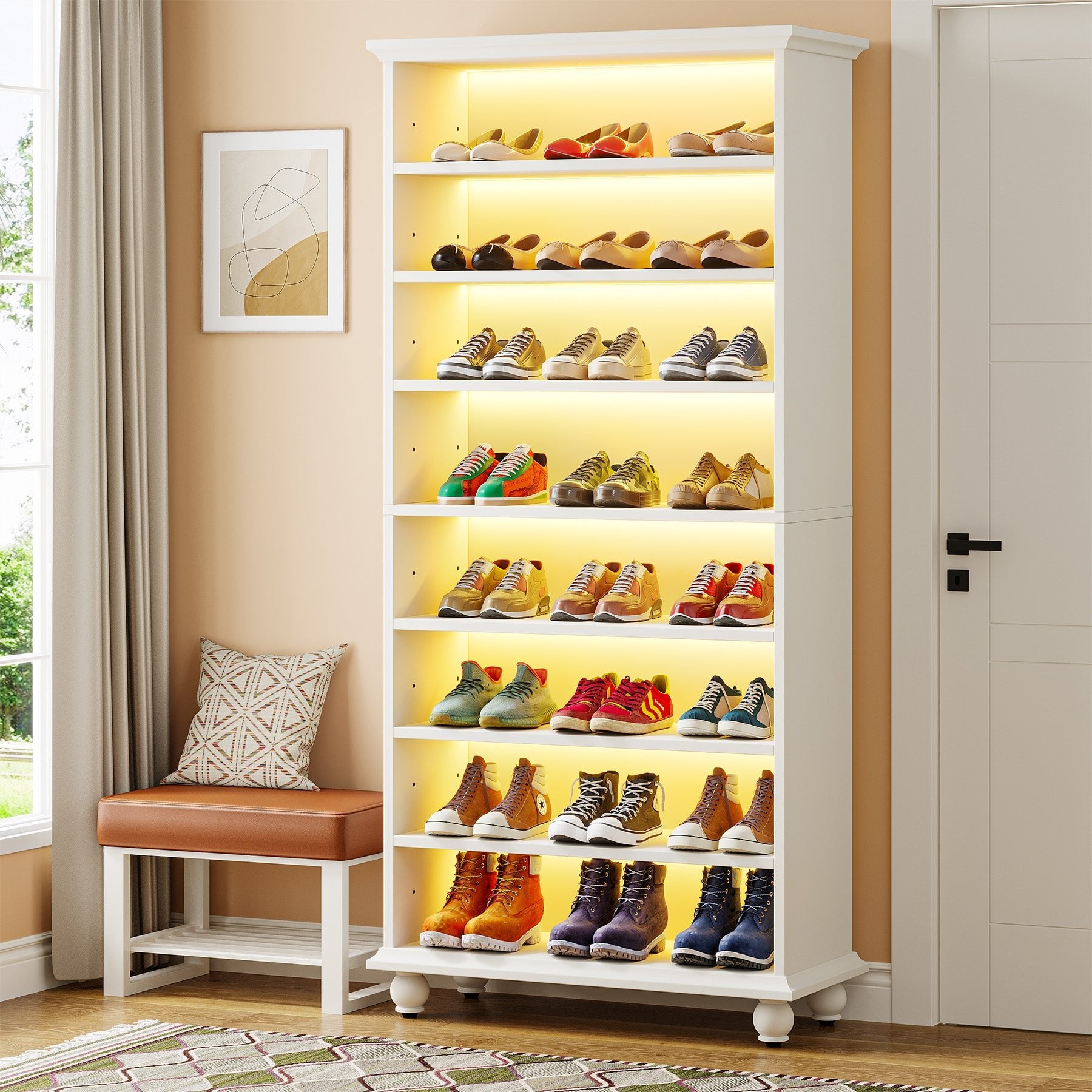 9-Tier Wood Shoe Cabinet Rack with LED Lighting & Solid Wood Legs Tribesigns