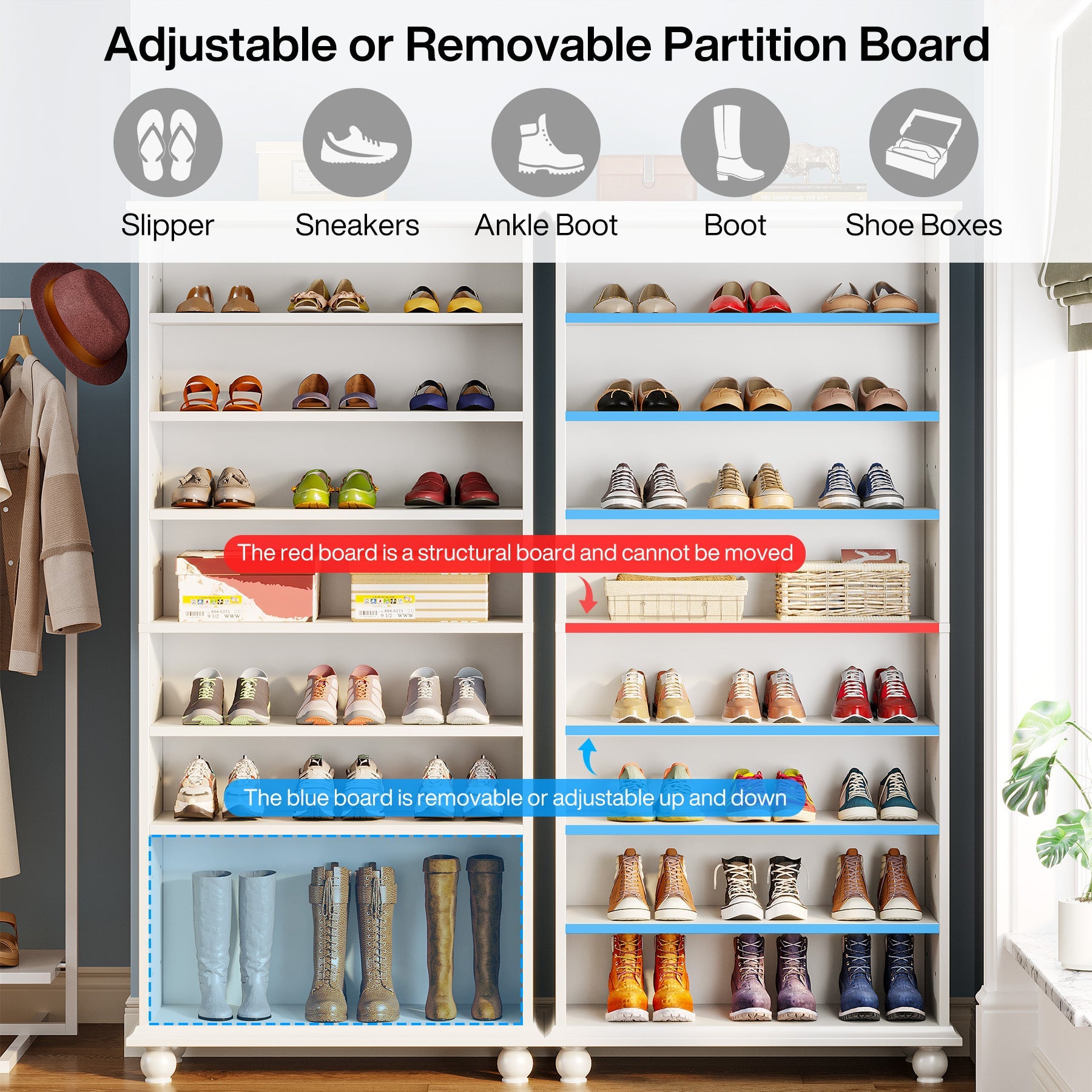 9-Tier Wood Shoe Cabinet Rack with LED Lighting & Solid Wood Legs Tribesigns