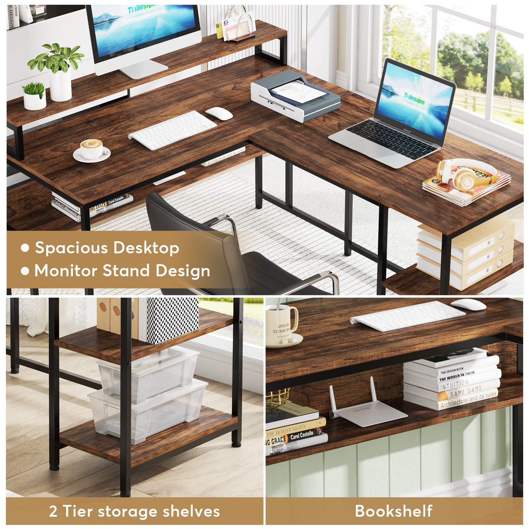 Tribesigns L-Shaped Desk, Reversible Corner Desk with Shelves & Monitor Stand Tribesigns