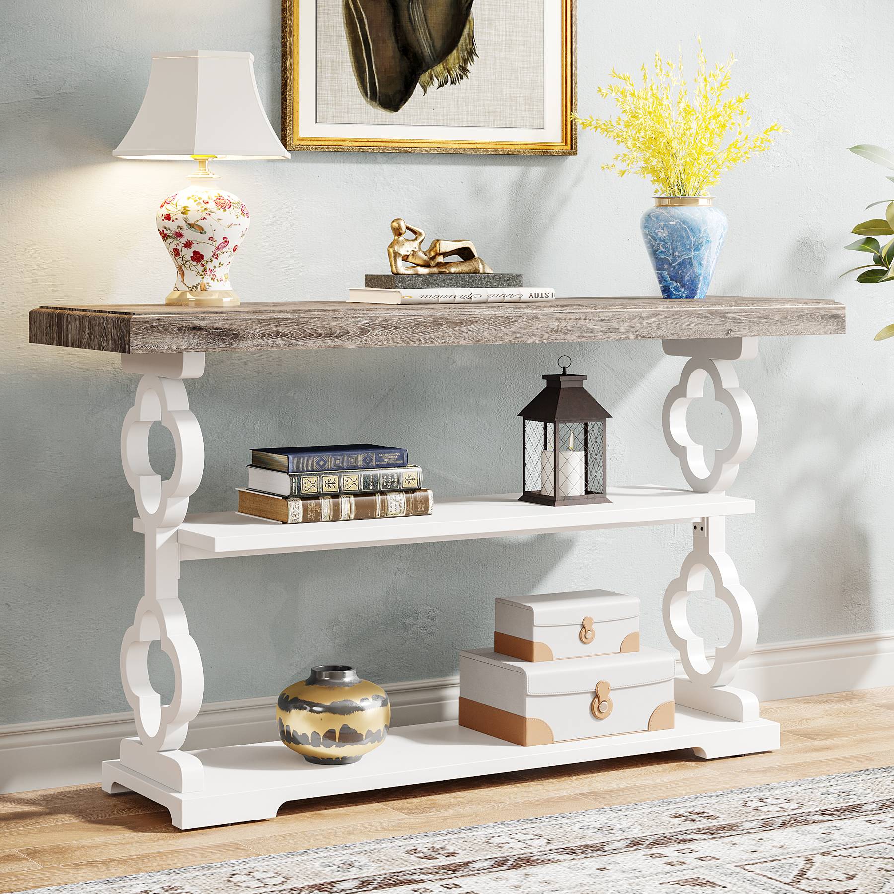 Farmhouse Console Table, 55" Entryway Sofa Table with Storage Shelves Tribesigns