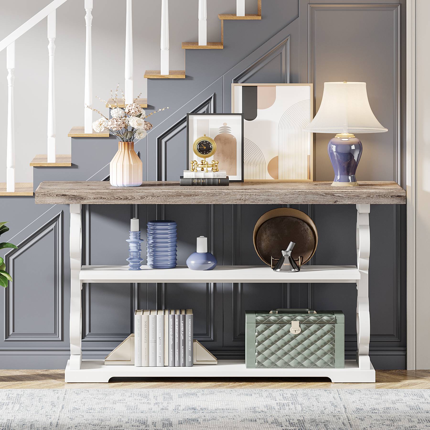 Farmhouse Console Table, 55" Entryway Sofa Table with Storage Shelves Tribesigns