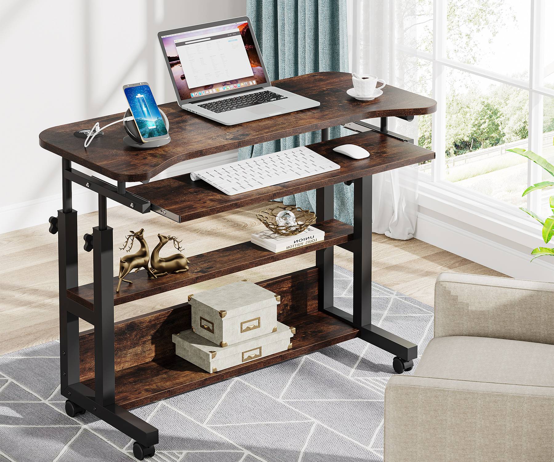 Tribesigns Height Adjustable Desk, Mobile Portable Desk with Wireless Charging Station Tribesigns