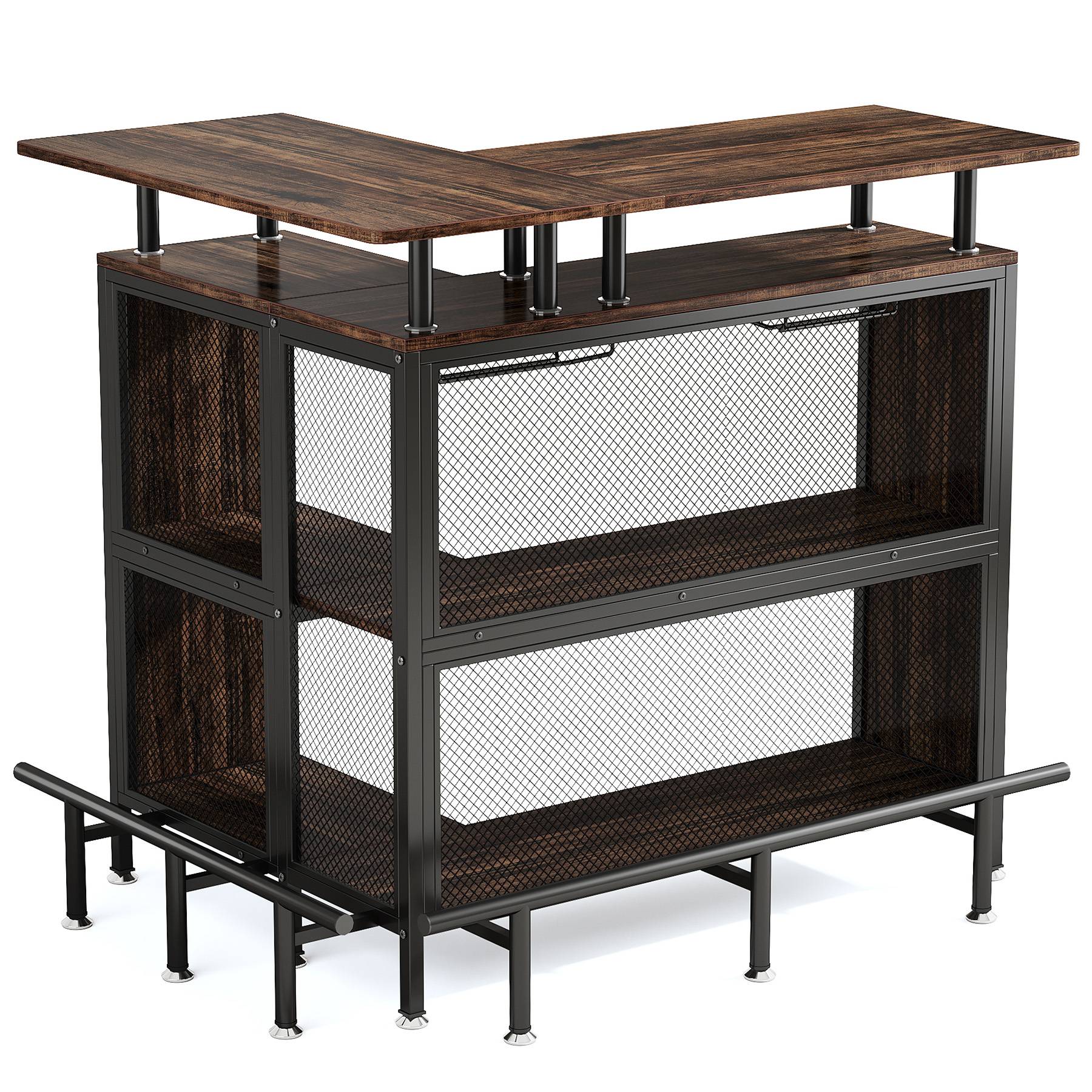 Home Bar Unit, L-Shaped Liquor Bar Table with Glasses Holders & Shelves Tribesigns