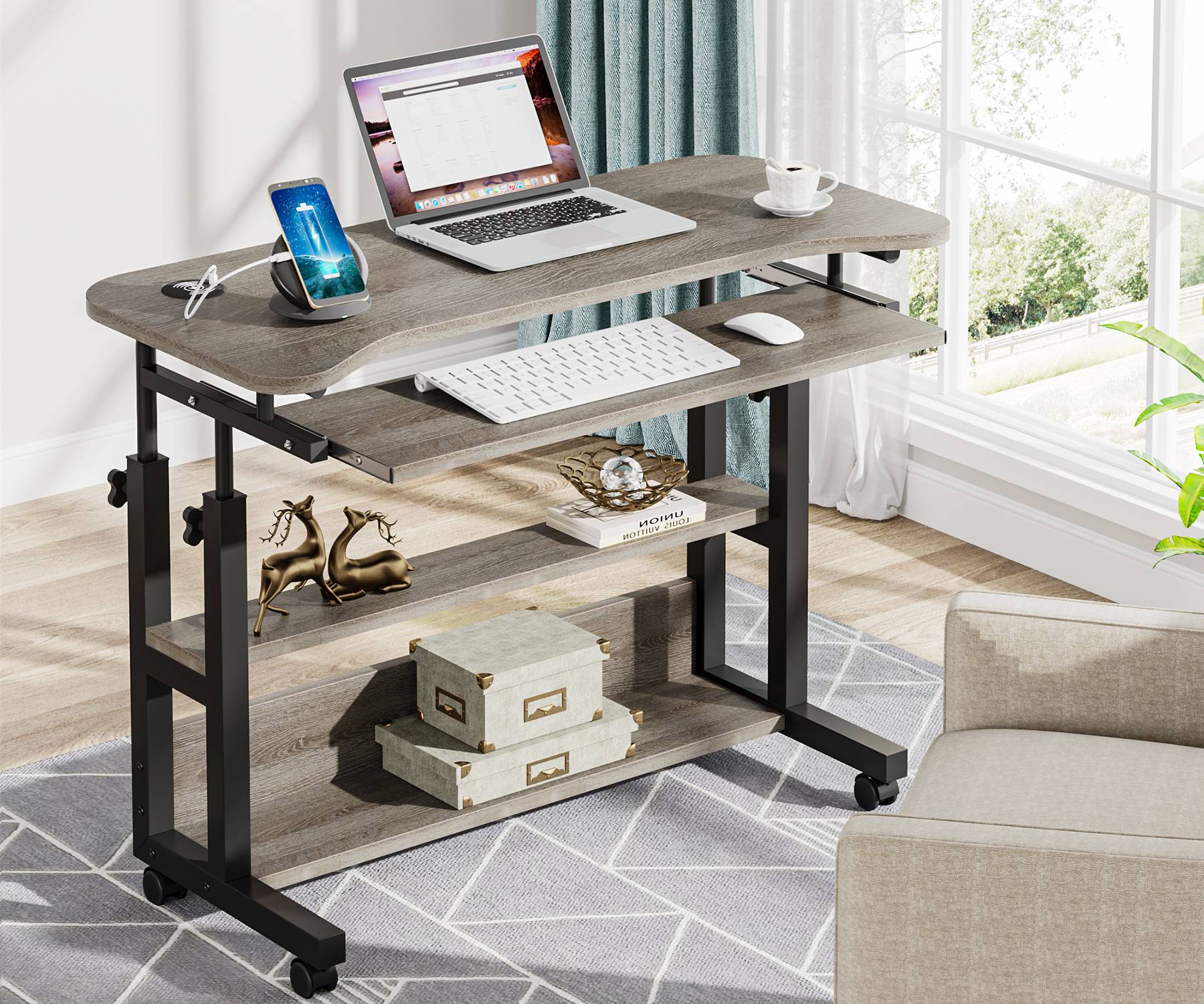 Tribesigns Height Adjustable Desk, Mobile Portable Desk with Wireless Charging Station Tribesigns