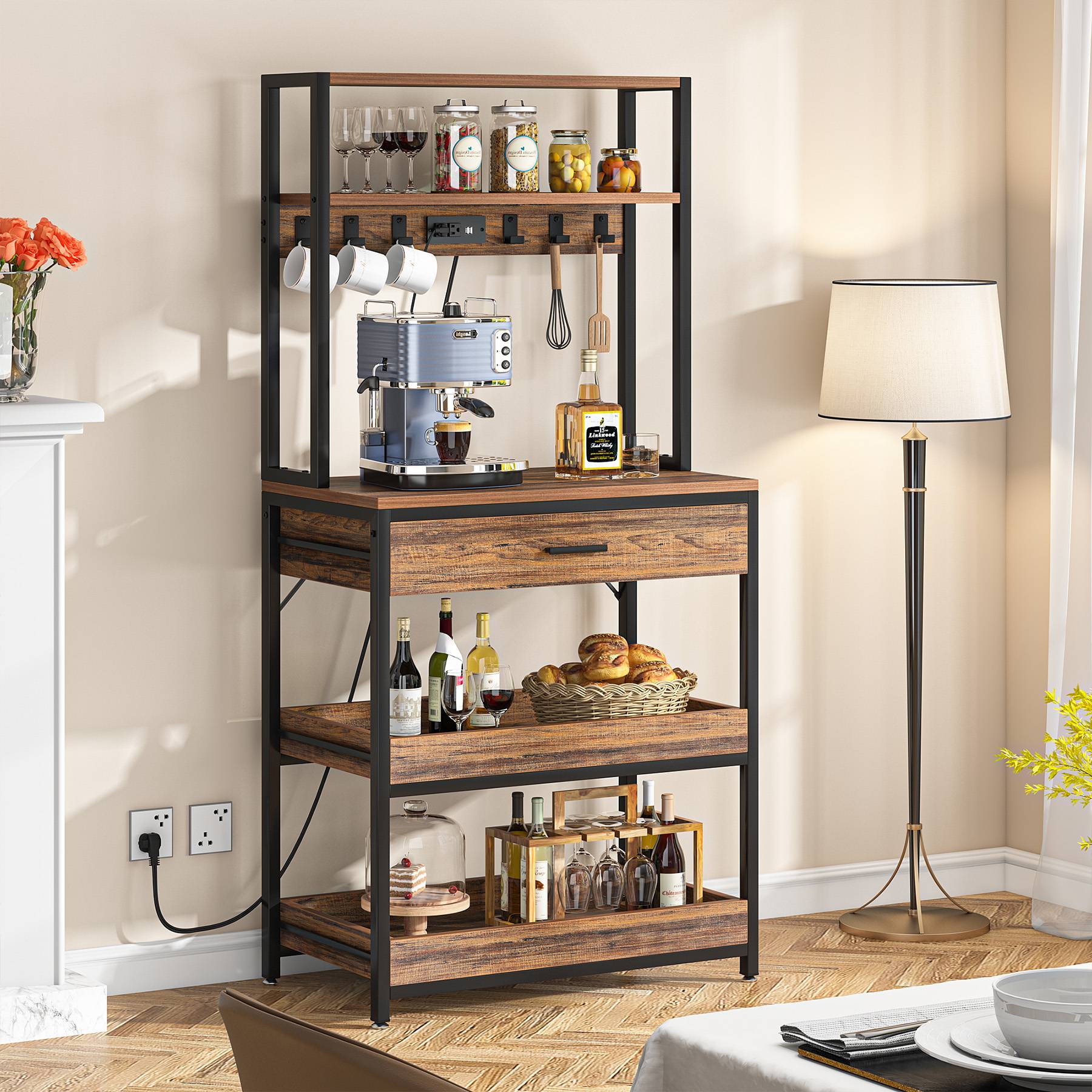 Tribesigns's 5-Tier Kitchen Baker's Rack with coffee maker, side view.