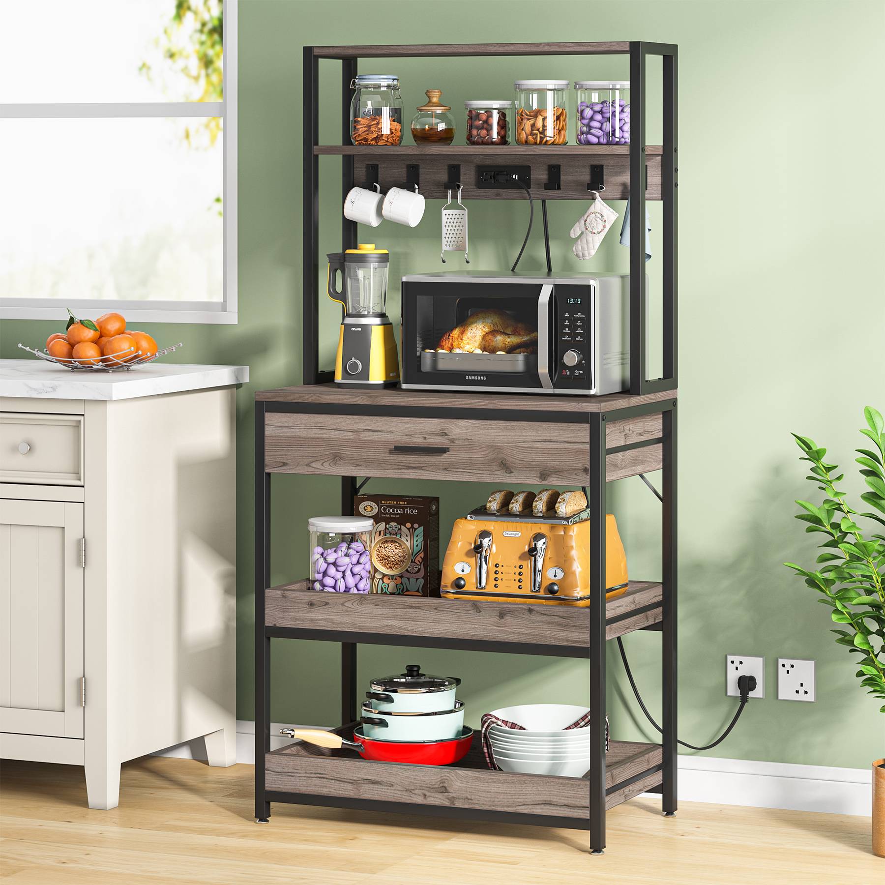 Tribesigns's 5-tier Kitchen Baker's Rack with Power Outlets, Drawer & Sliding Shelves, grey color.