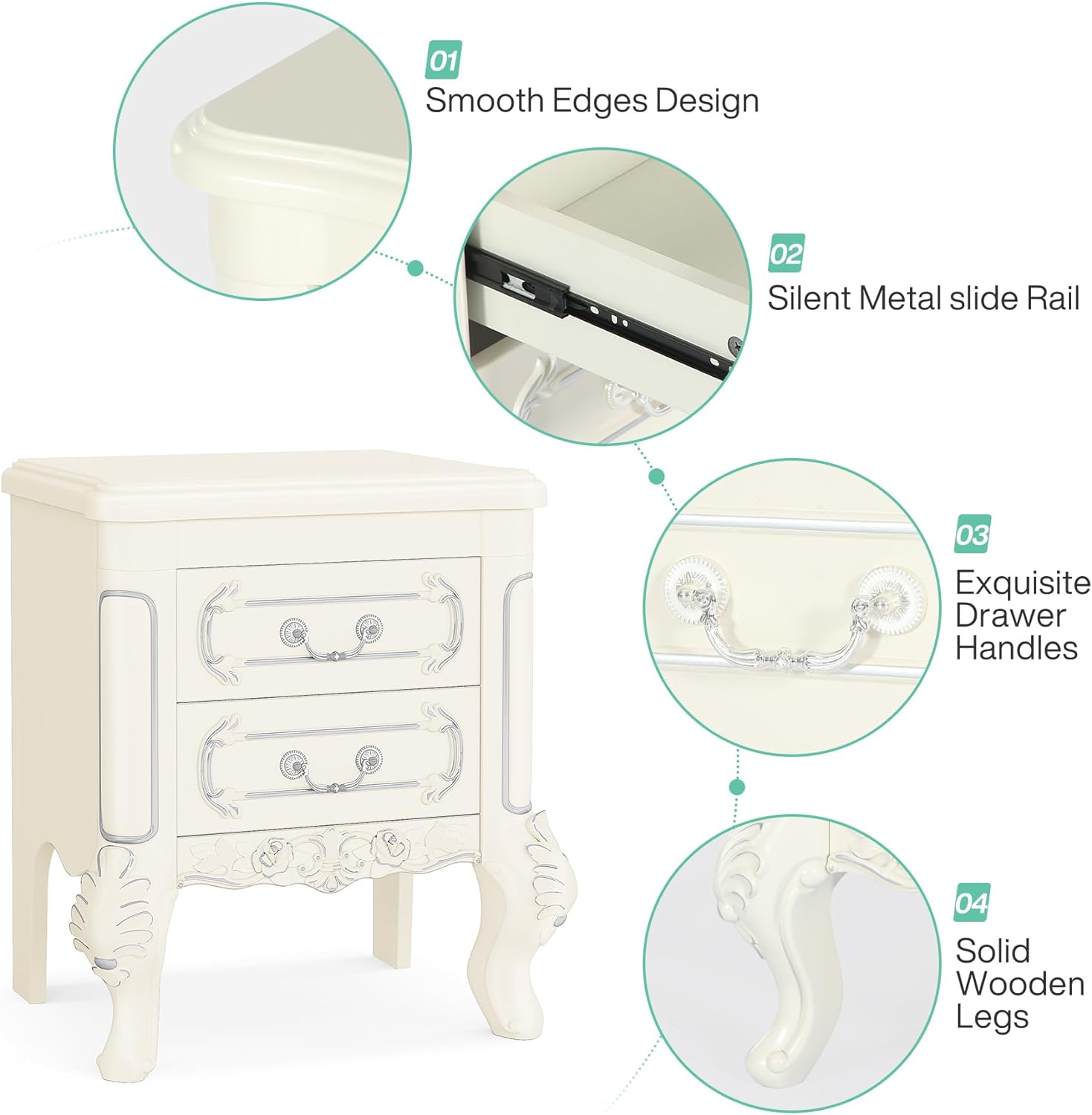 Carved Nightstand, White Bedside Table End Table with 2 Drawers Tribesigns