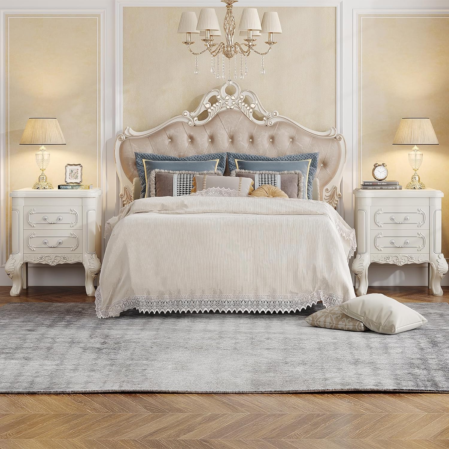 Carved Nightstand, White Bedside Table End Table with 2 Drawers Tribesigns