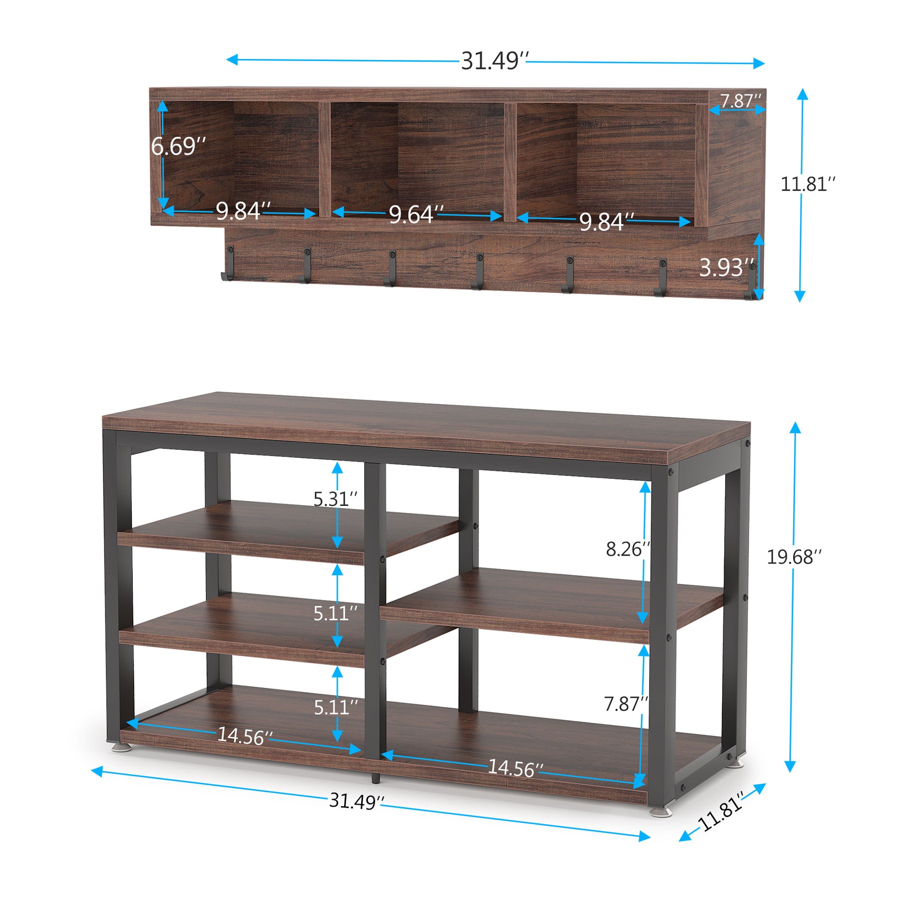 Size chart image for Tribesigns's 5 IN 1 Coat Rack Shoe Bench Set, Hall Tree with Wall Mounted Shelf.