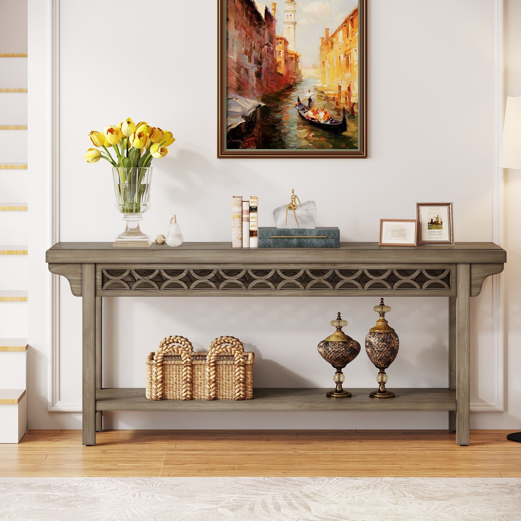 Farmhouse Console Table, 70.8" Narrow Wood Sofa Table with Storage Tribesigns