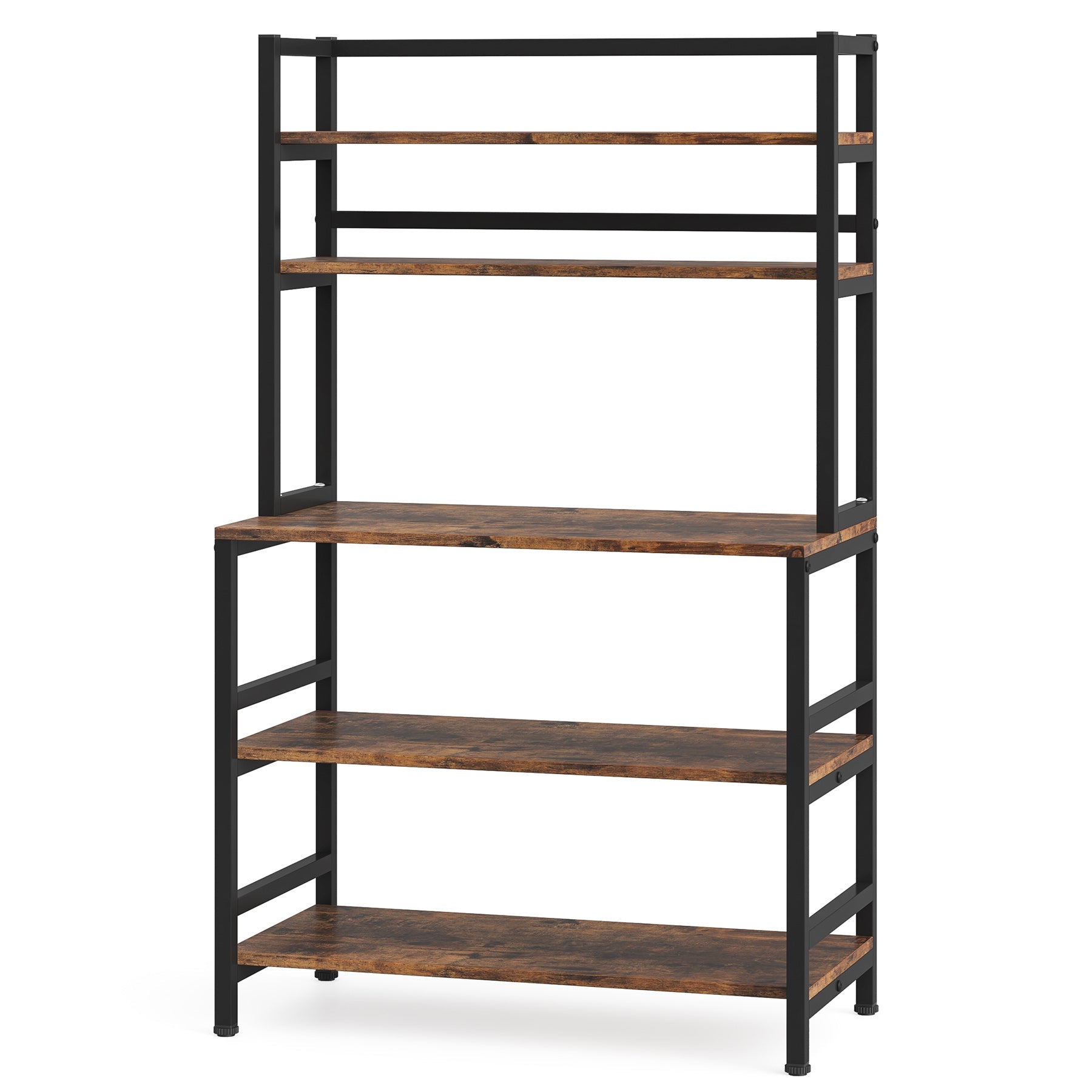 White background image of Tribesigns's Freestanding Kitchen Baker's Rack, 5-Tier Microwave Oven Stand with Hutch, brown color.