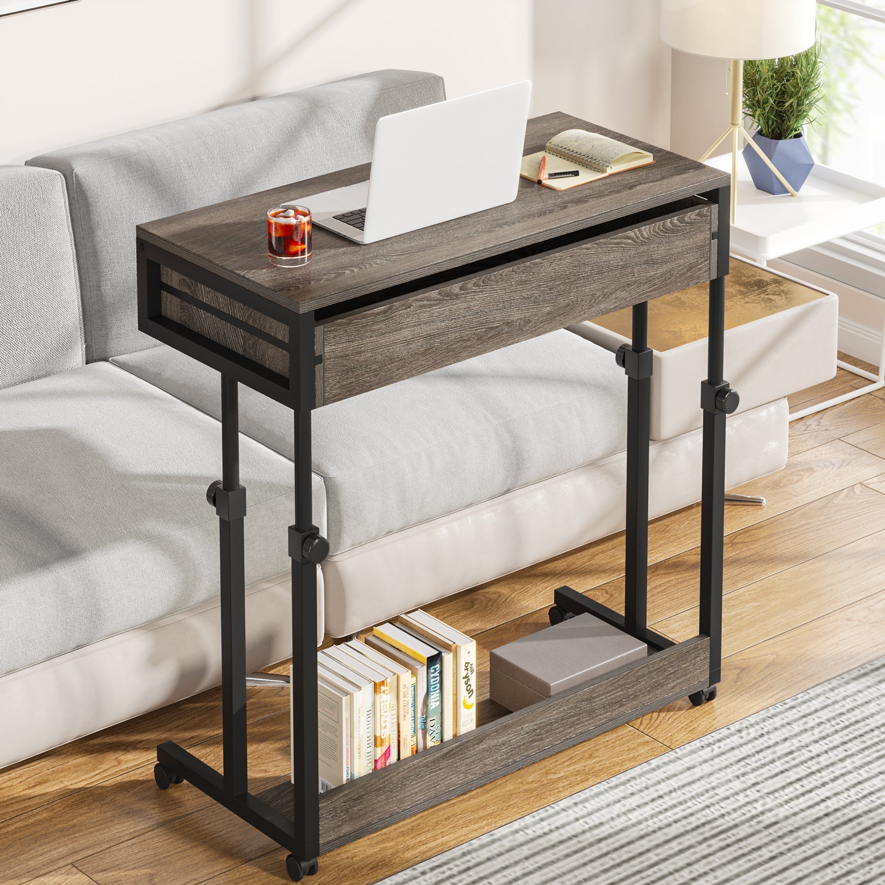 Height Adjustable Desk, Mobile Side Table Portable Desk with Drawers Tribesigns