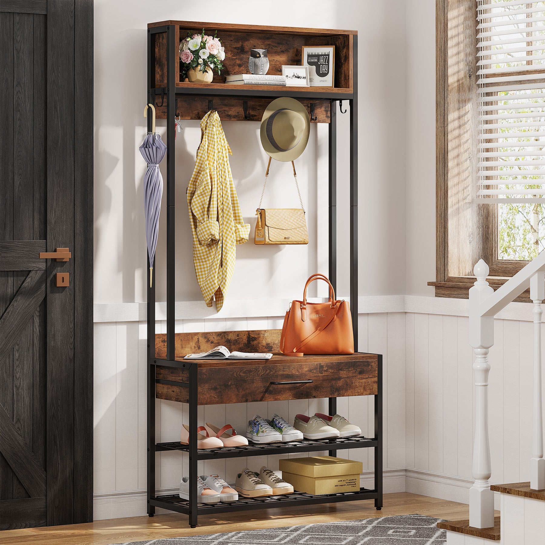 Entryway coat rack with Tribesigns's Industrial Coat Rack Shoe Bench, Entryway Hall Tree with Drawer & Hooks.
