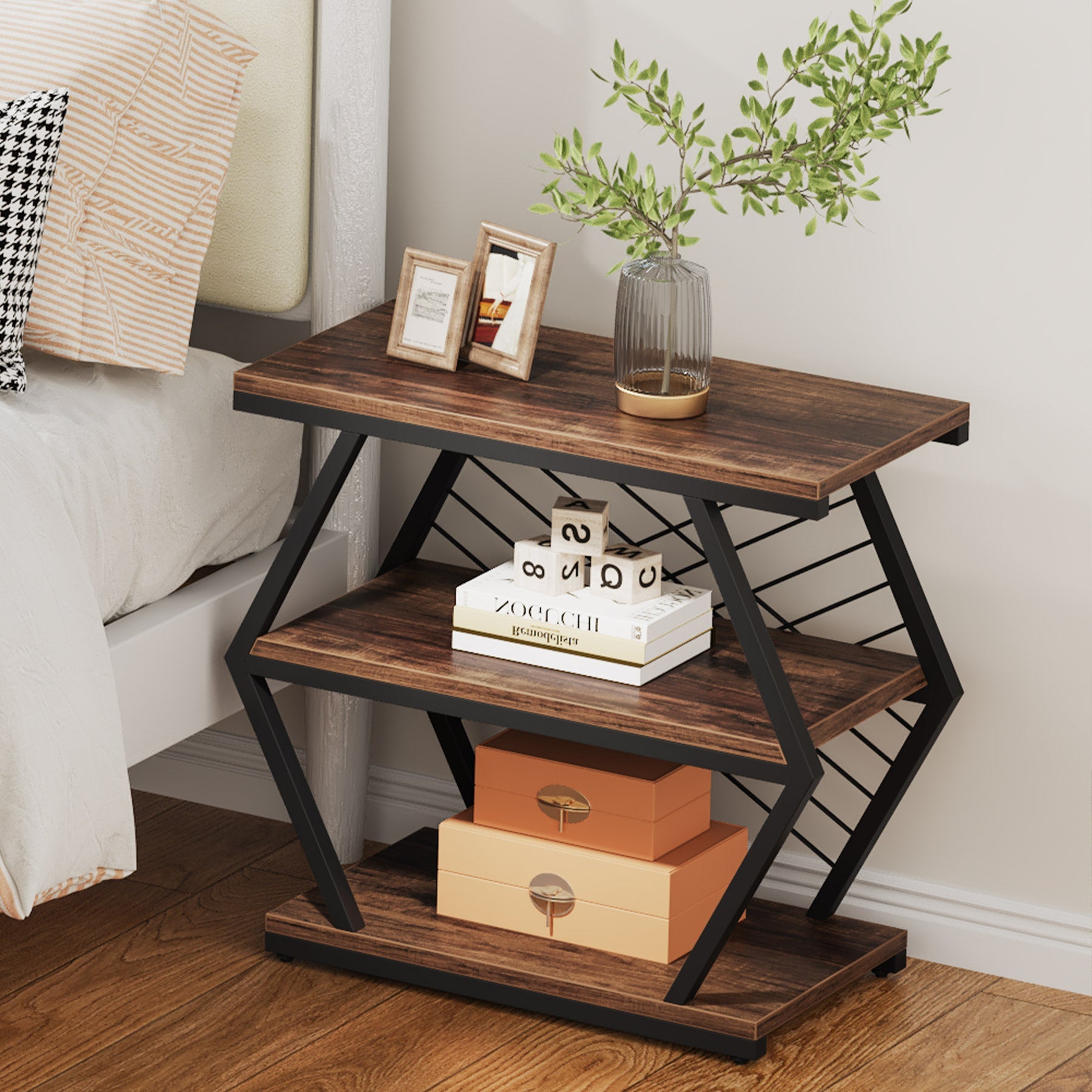 Industrial End Table Side Table with 3 Storage Shelves & Metal Frame Tribesigns