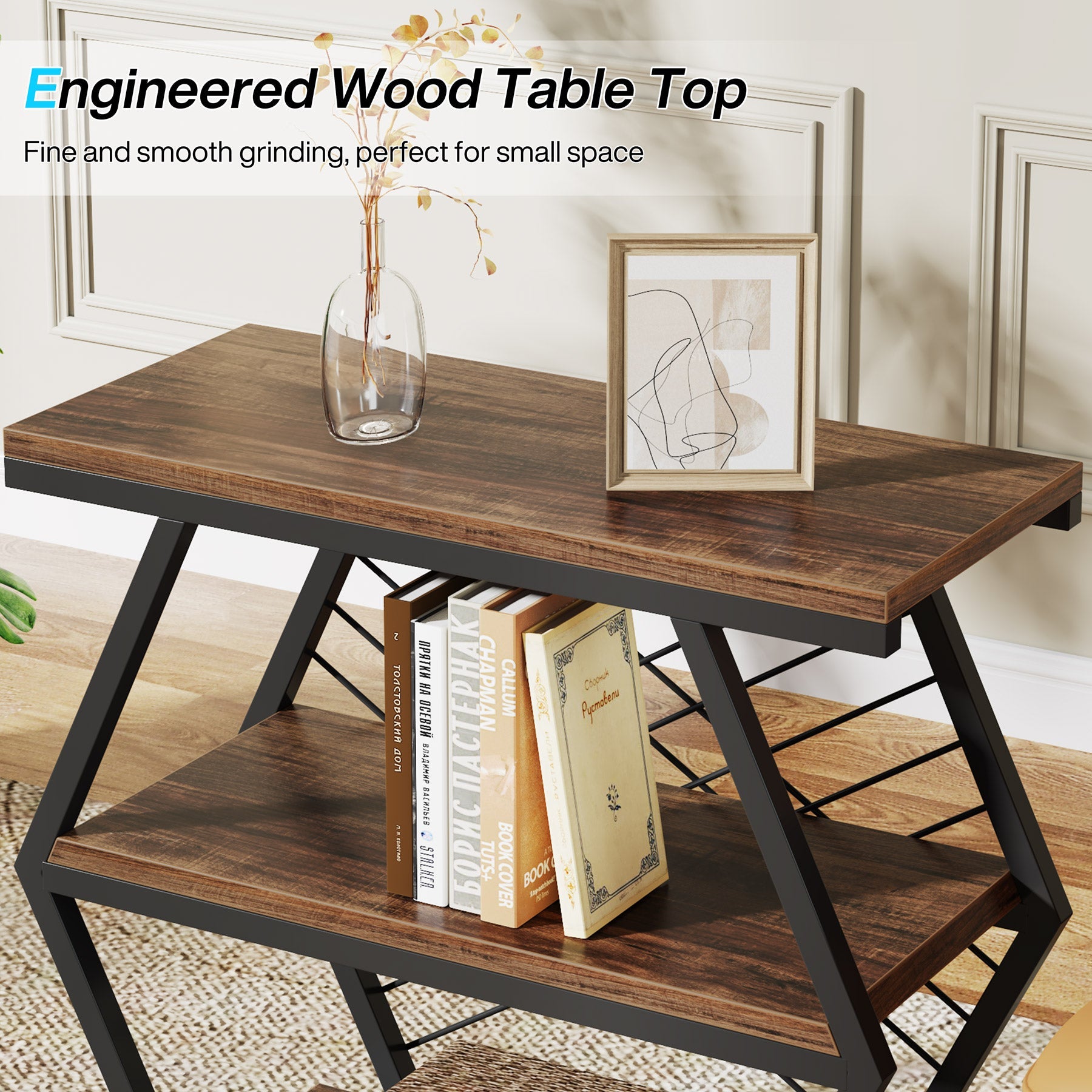Industrial End Table Side Table with 3 Storage Shelves & Metal Frame Tribesigns