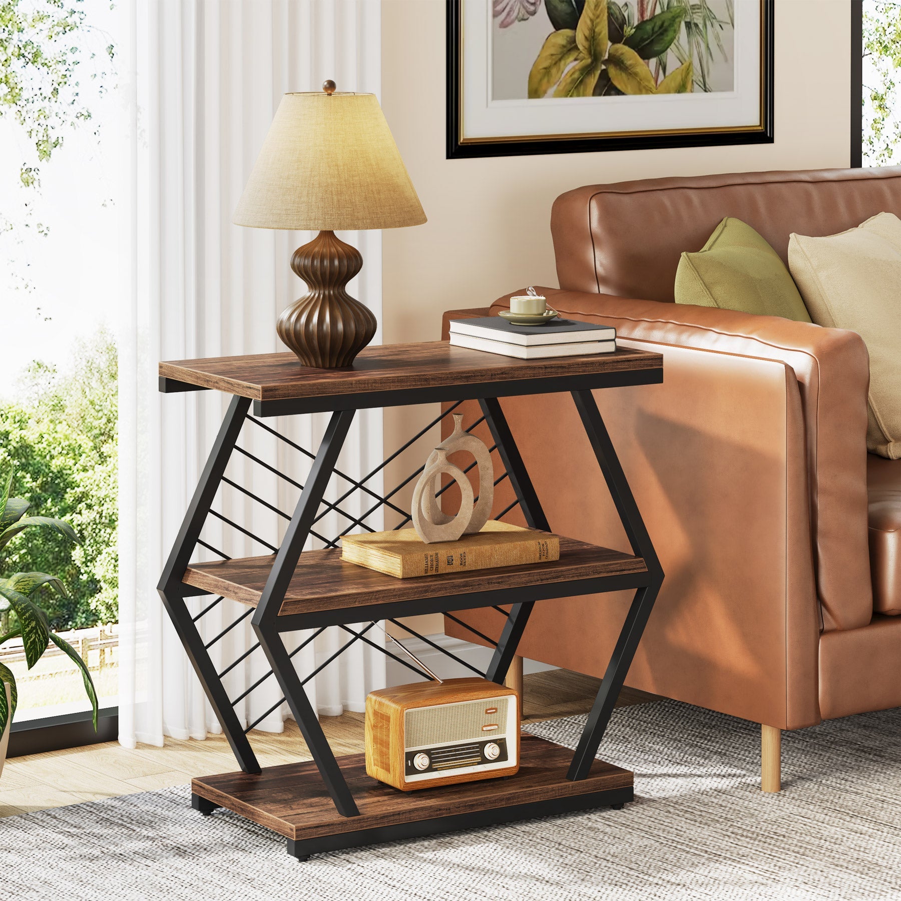 Industrial End Table Side Table with 3 Storage Shelves & Metal Frame Tribesigns