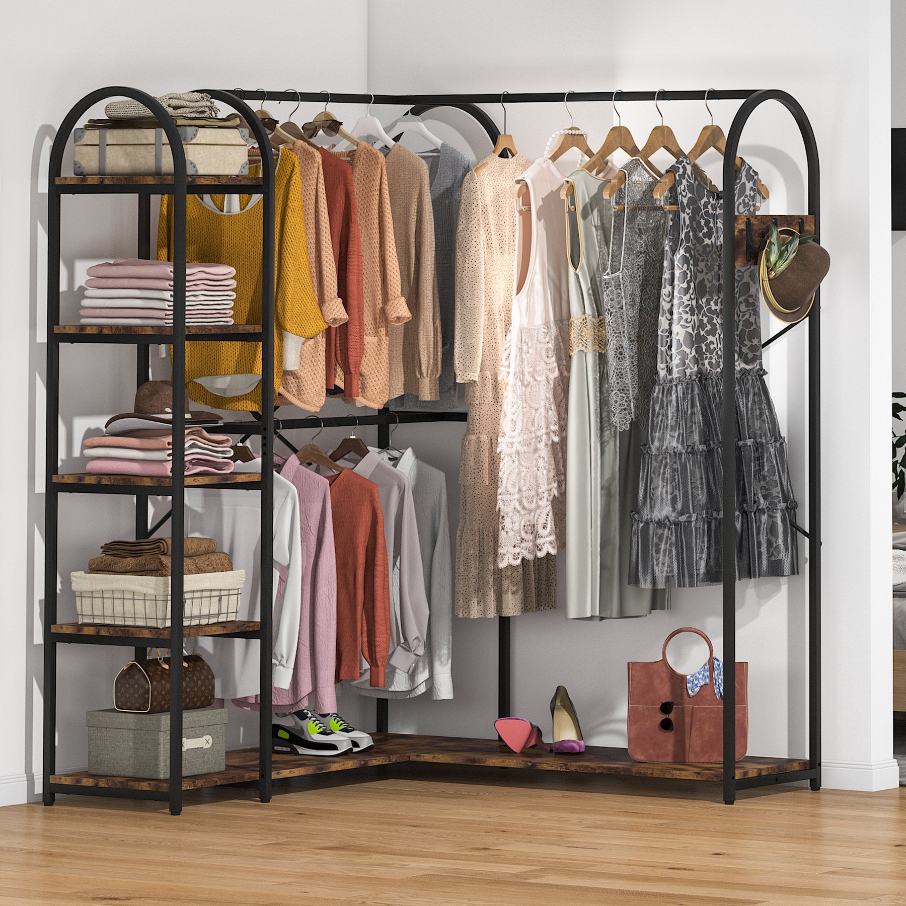 L-Shaped Clothes Rack, Corner Garment Rack with Storage Shelves Tribesigns
