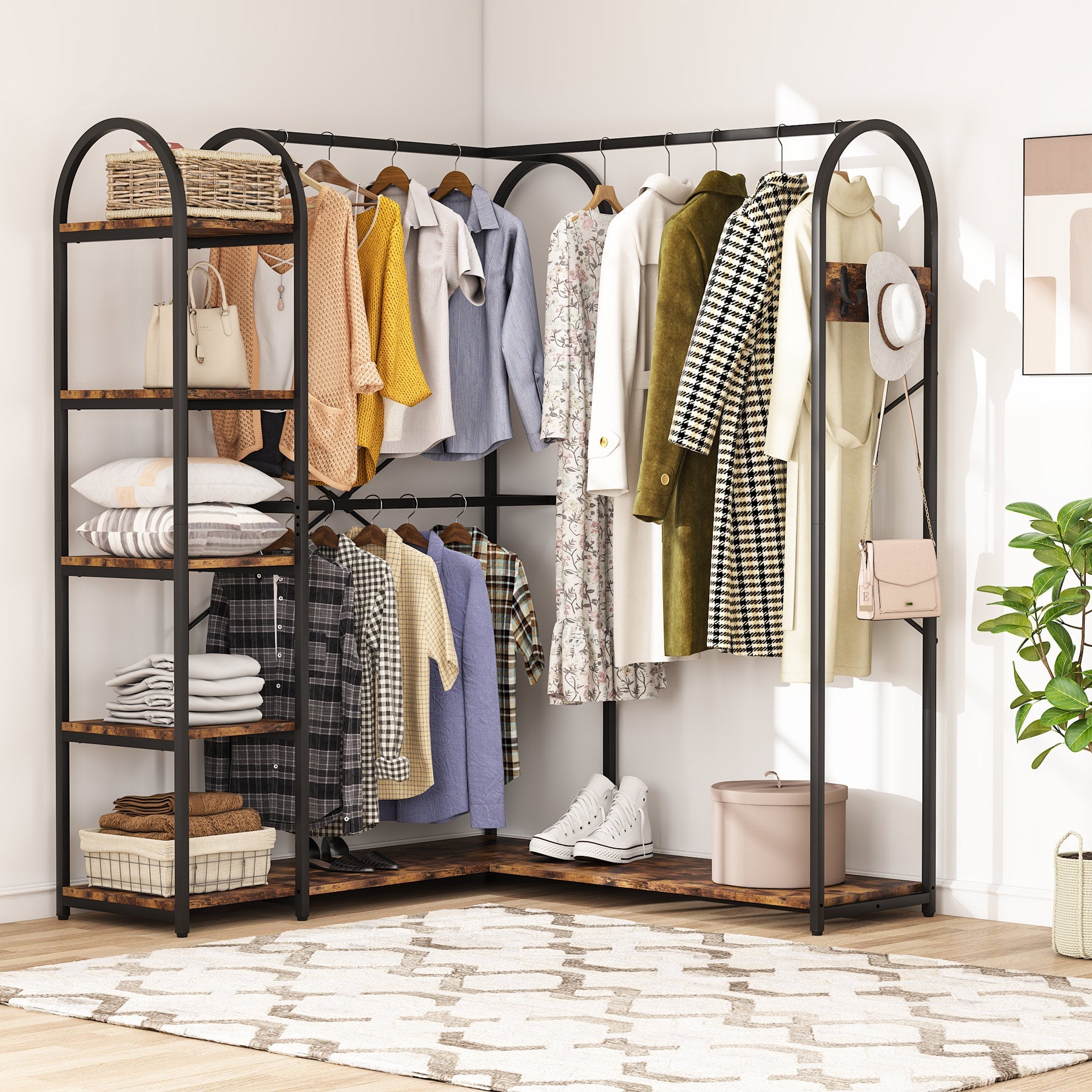 Tribesigns L Shape Clothes Rack, Corner Garment Rack with Shelves