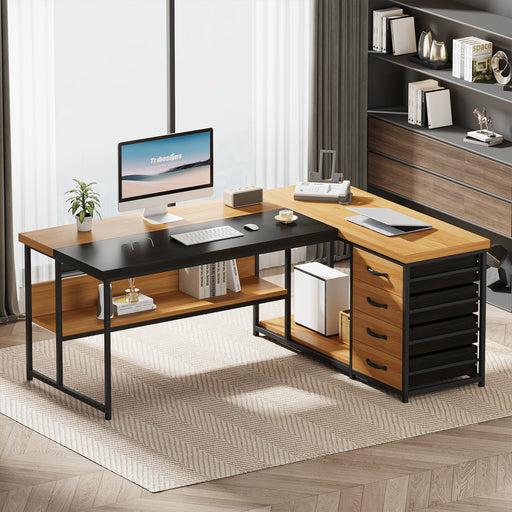 L-Shaped Desk with 4 Drawers, 62.2" Computer Desk with Open Storage Shelves Tribesigns