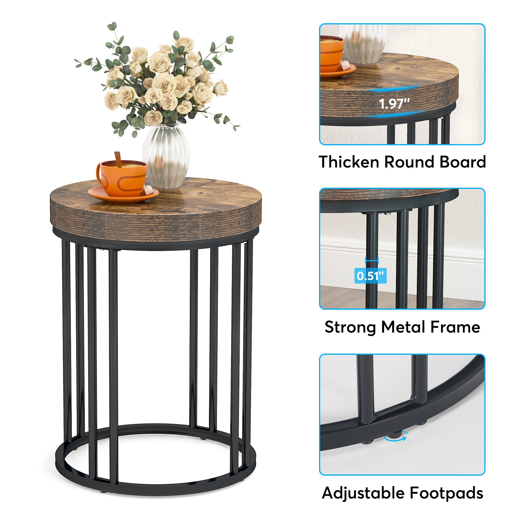 Round End Table, Small Accent Side Table with Metal Frame Tribesigns