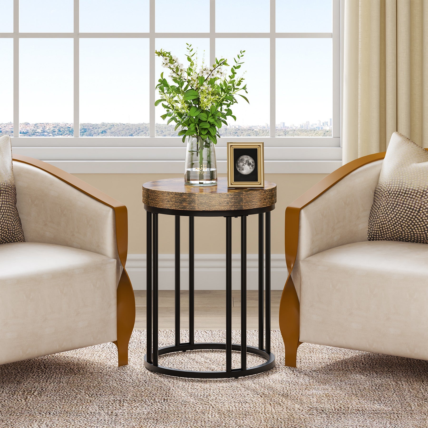 Round End Table, Small Accent Side Table with Metal Frame Tribesigns