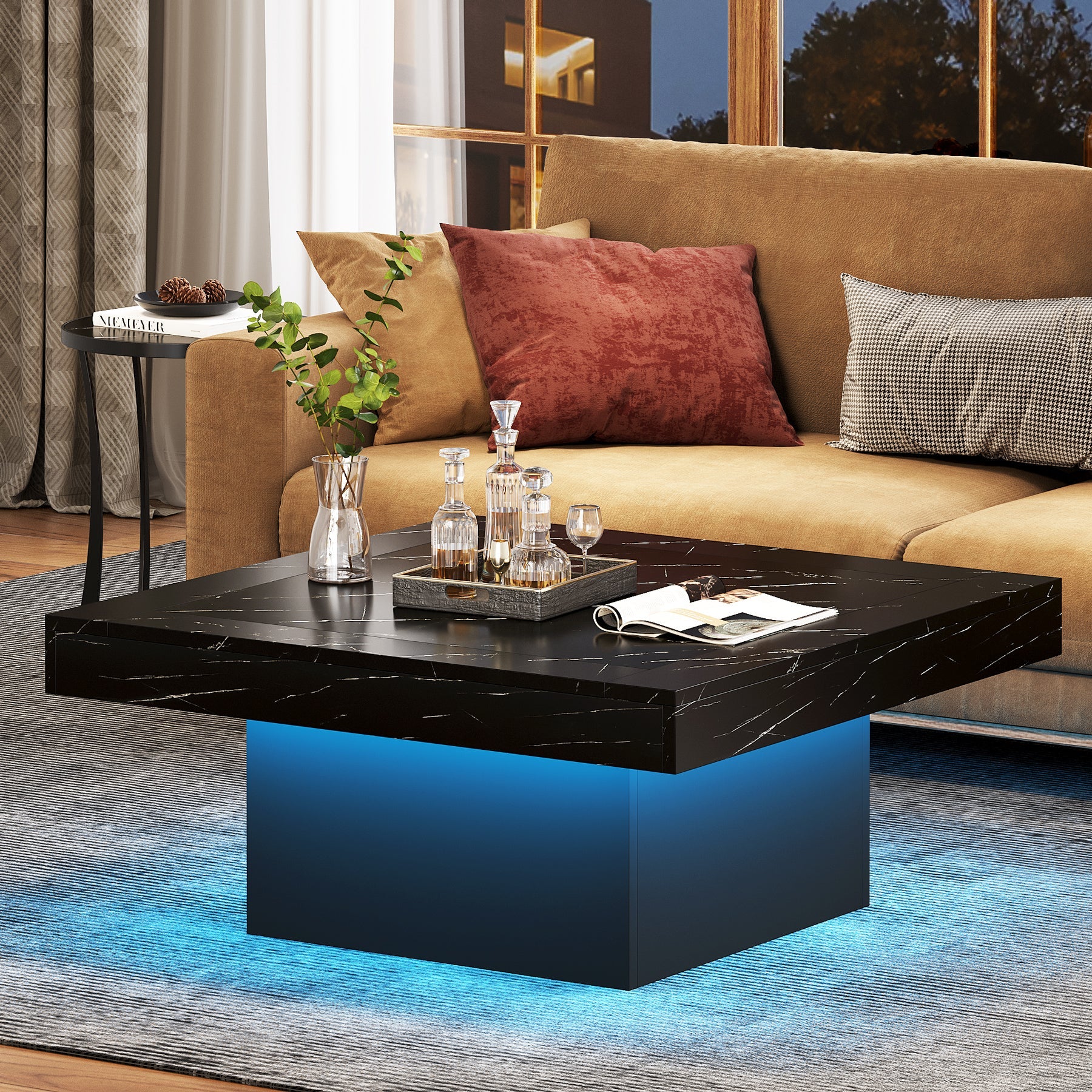 Square Coffee Table, Farmhouse Wood Cocktail Table with LED Light Tribesigns