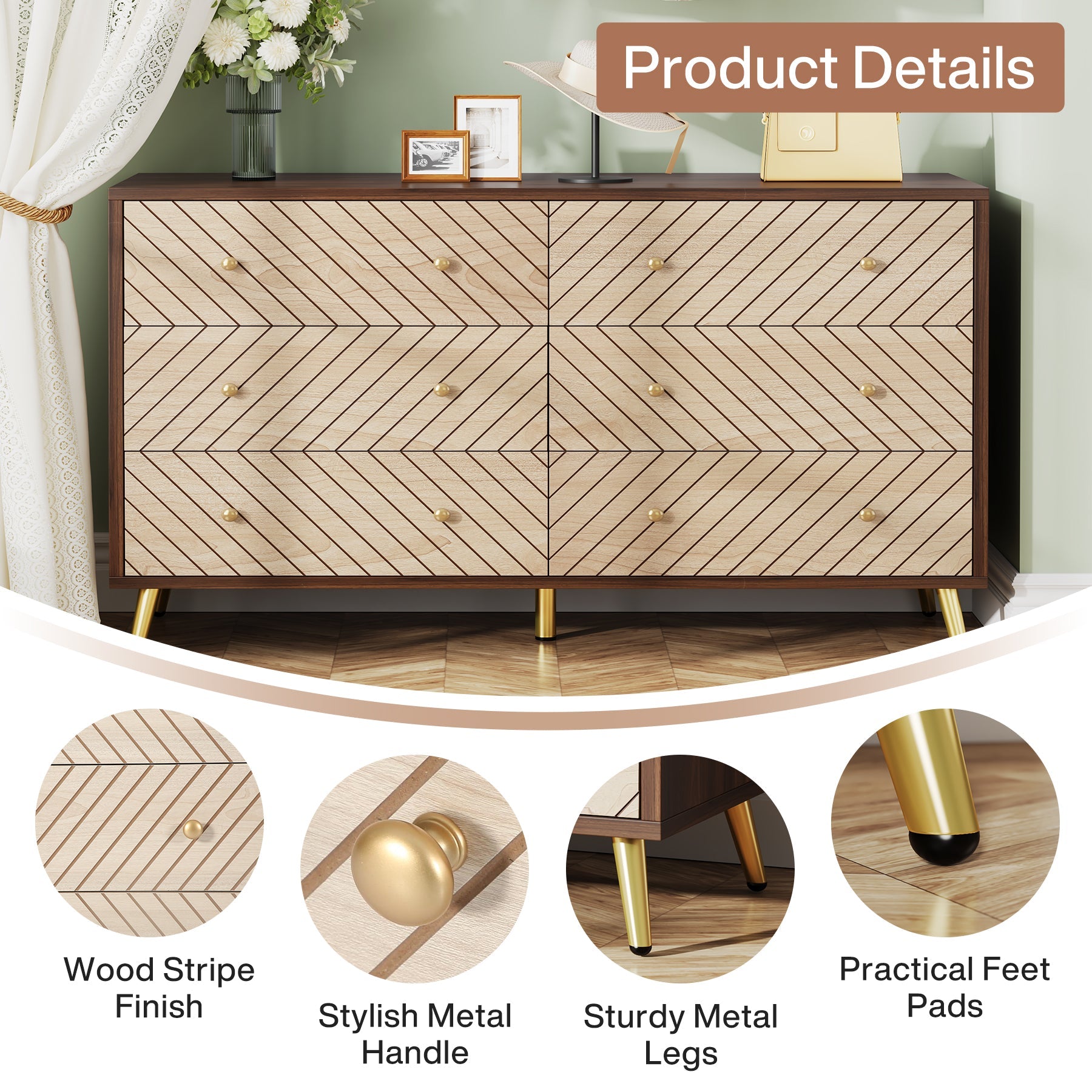 Wood 6 Drawer Chest, Storage Cabinet Dresser with Metal Legs Tribesigns