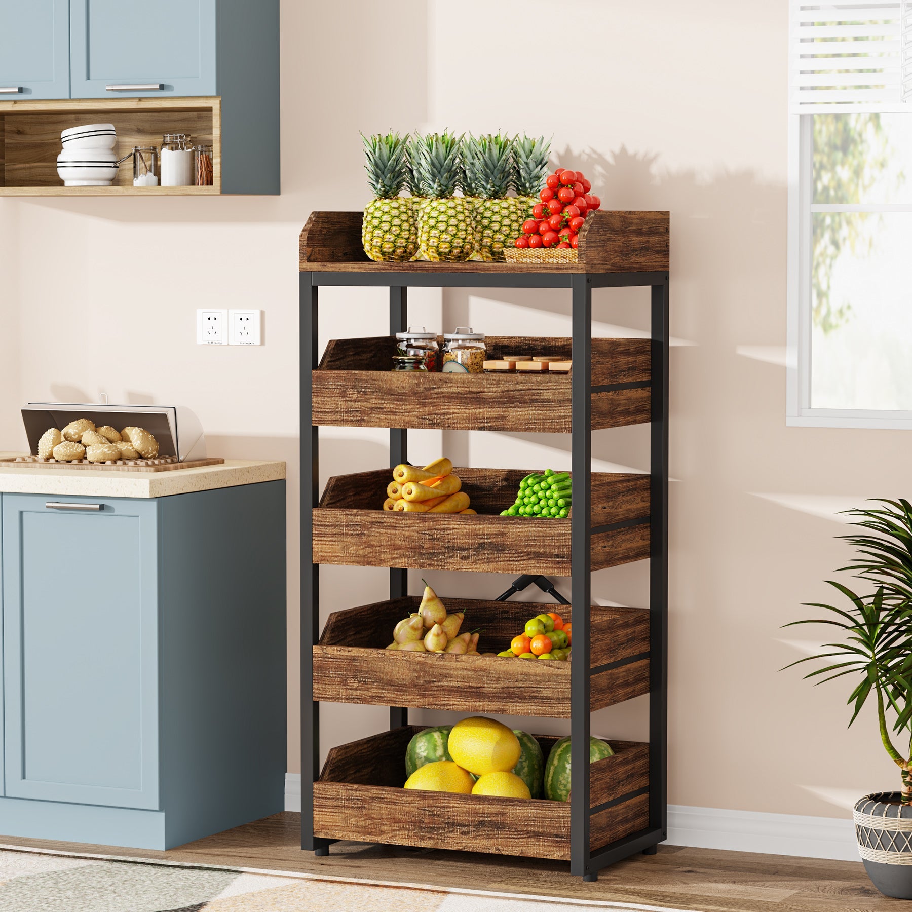 Tribesigns's Wood Fruit and Vegetable Storage Rack Basket Stand with 5 Drawers.