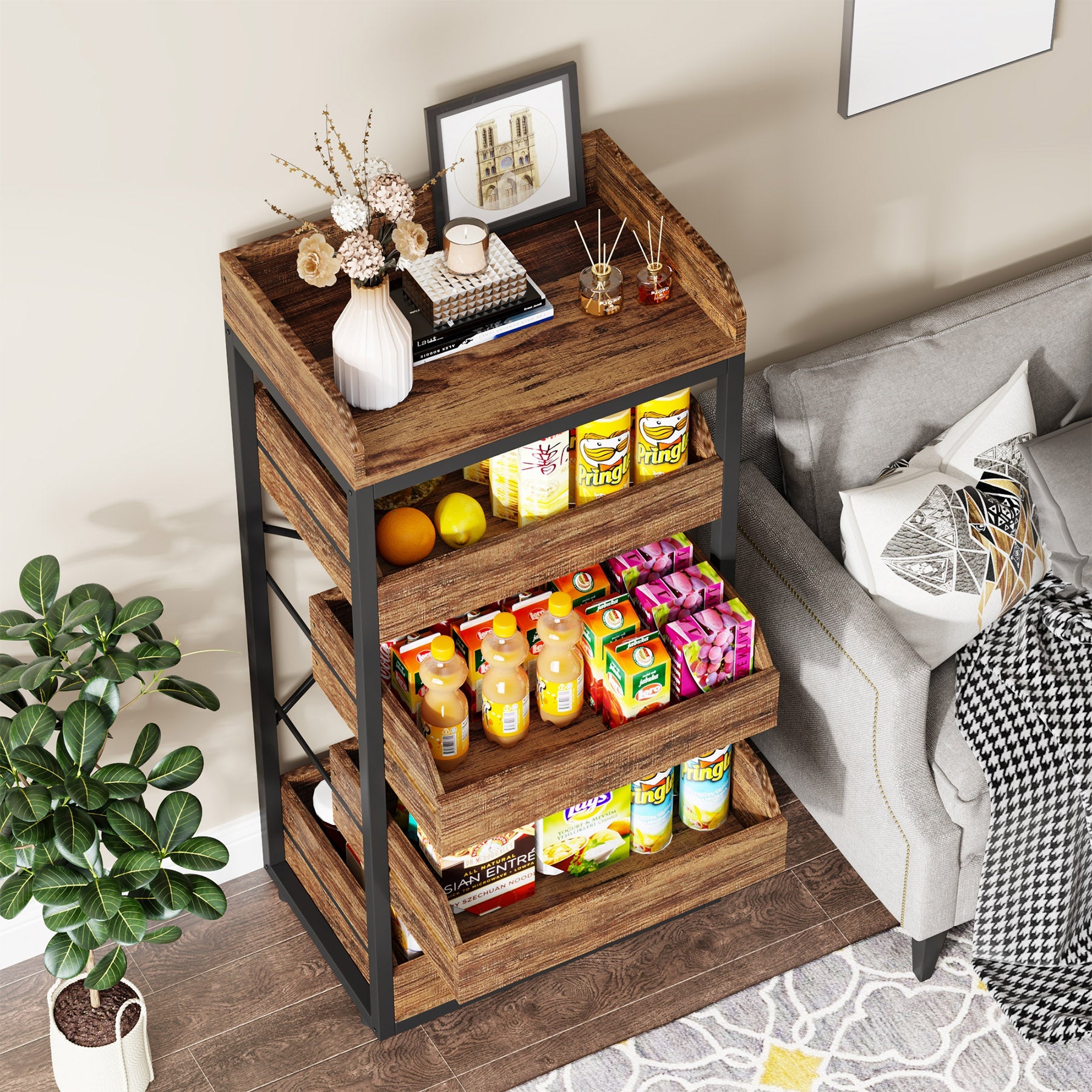Tribesigns's Wood Fruit and Vegetable Storage Rack Basket Stand with 5 Drawers in the expanded form.