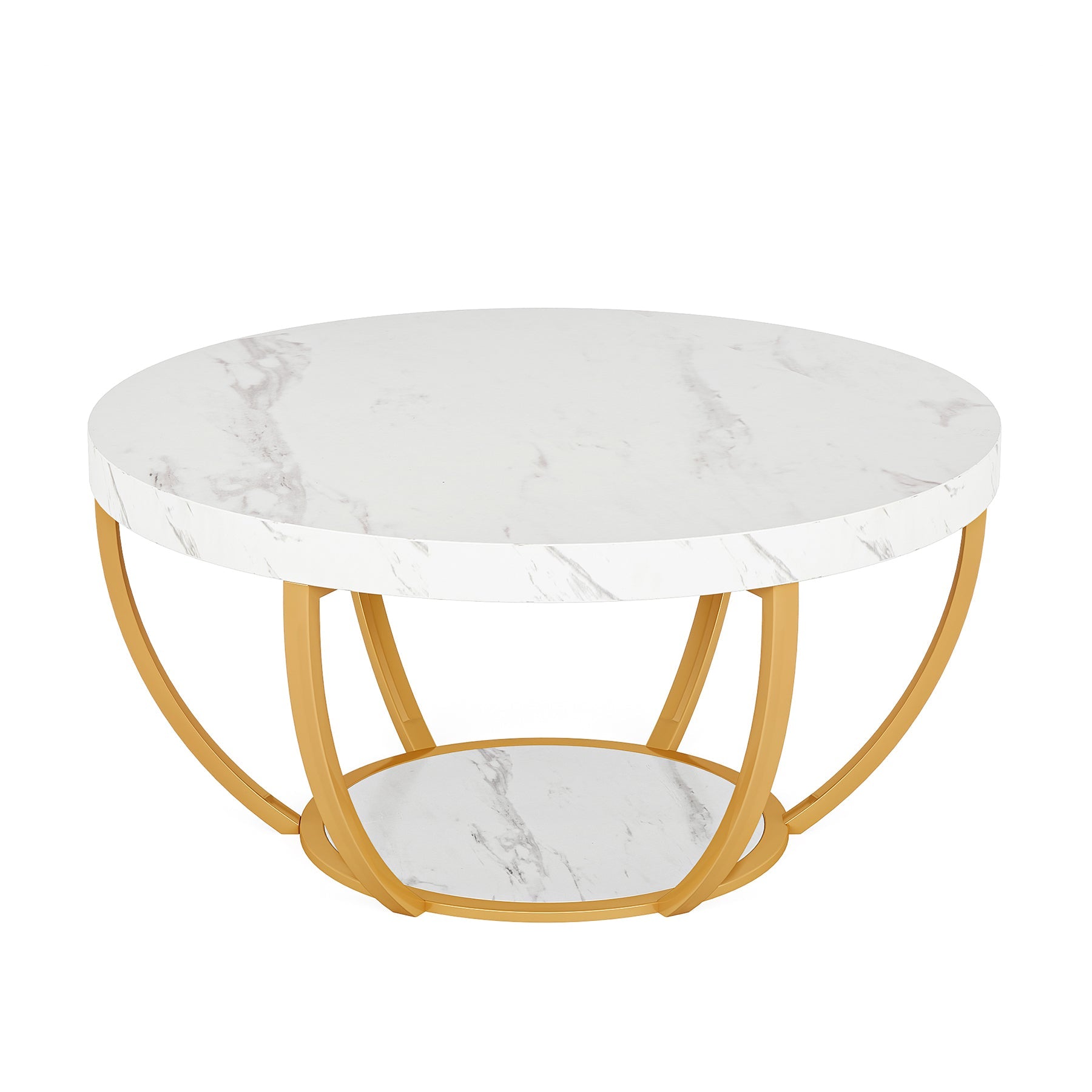 Wooden Coffee Table, 2-Tier Round Central Cocktail Table with Shelves Tribesigns