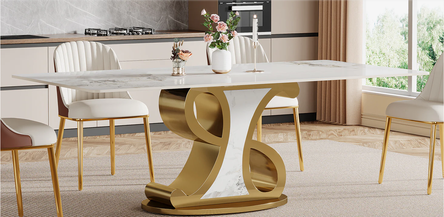 78.74 Modern Rectangular Sintered Stone Dining Table for 8-10 with Stainless Steel Base