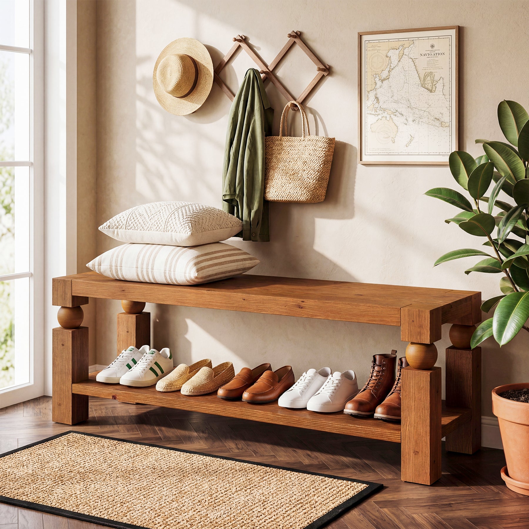 Solid Wood Entryway Bench, 47" Shoe Storage  Bench with Shelf for Hallway