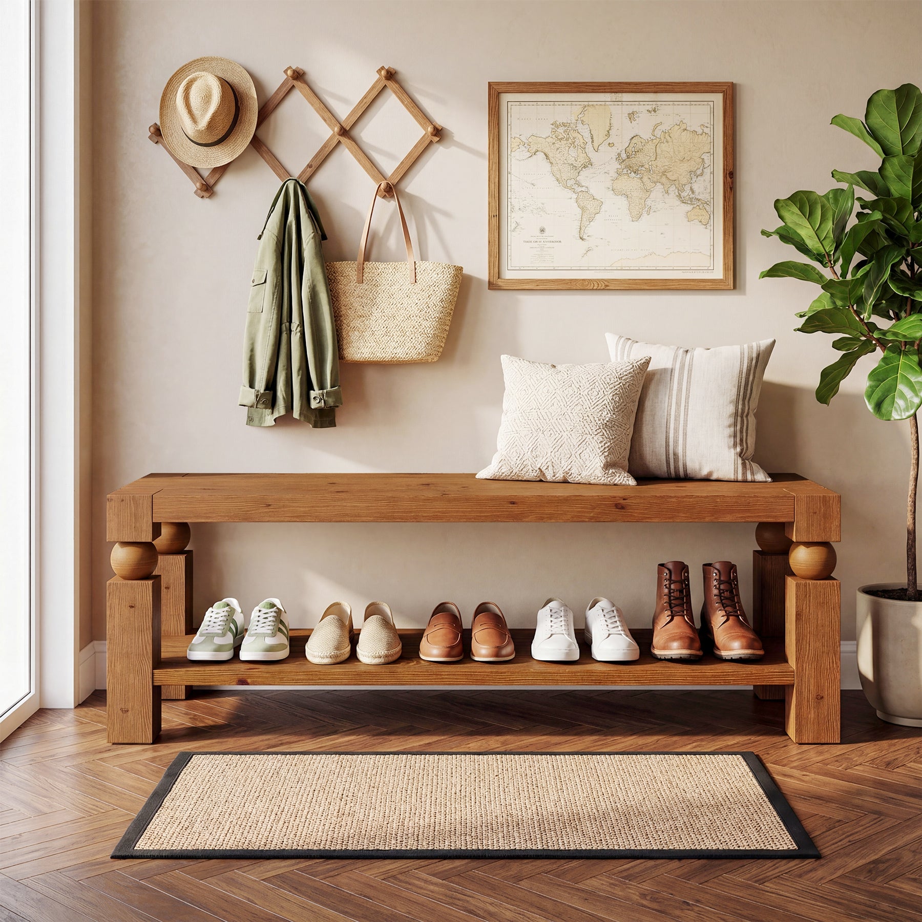 Solid Wood Entryway Bench, 47" Shoe Storage  Bench with Shelf for Hallway