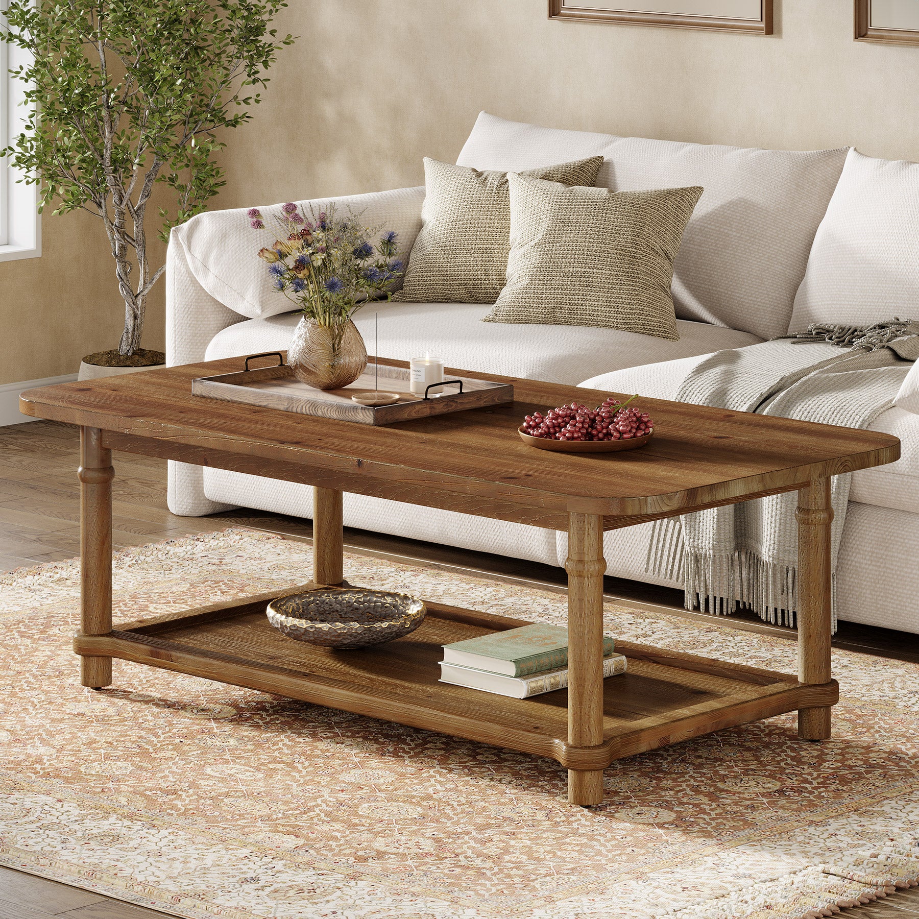 Rectangle Solid Wood Coffee Table, 47" Center Table with 2-Tier Storage