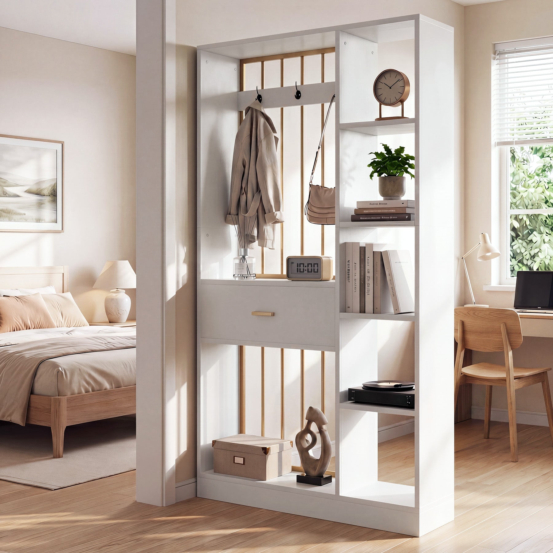 70.8" Room Divider with Storage Shelves, Drawer & Coat Rack, Freestanding Wood Partition Wall
