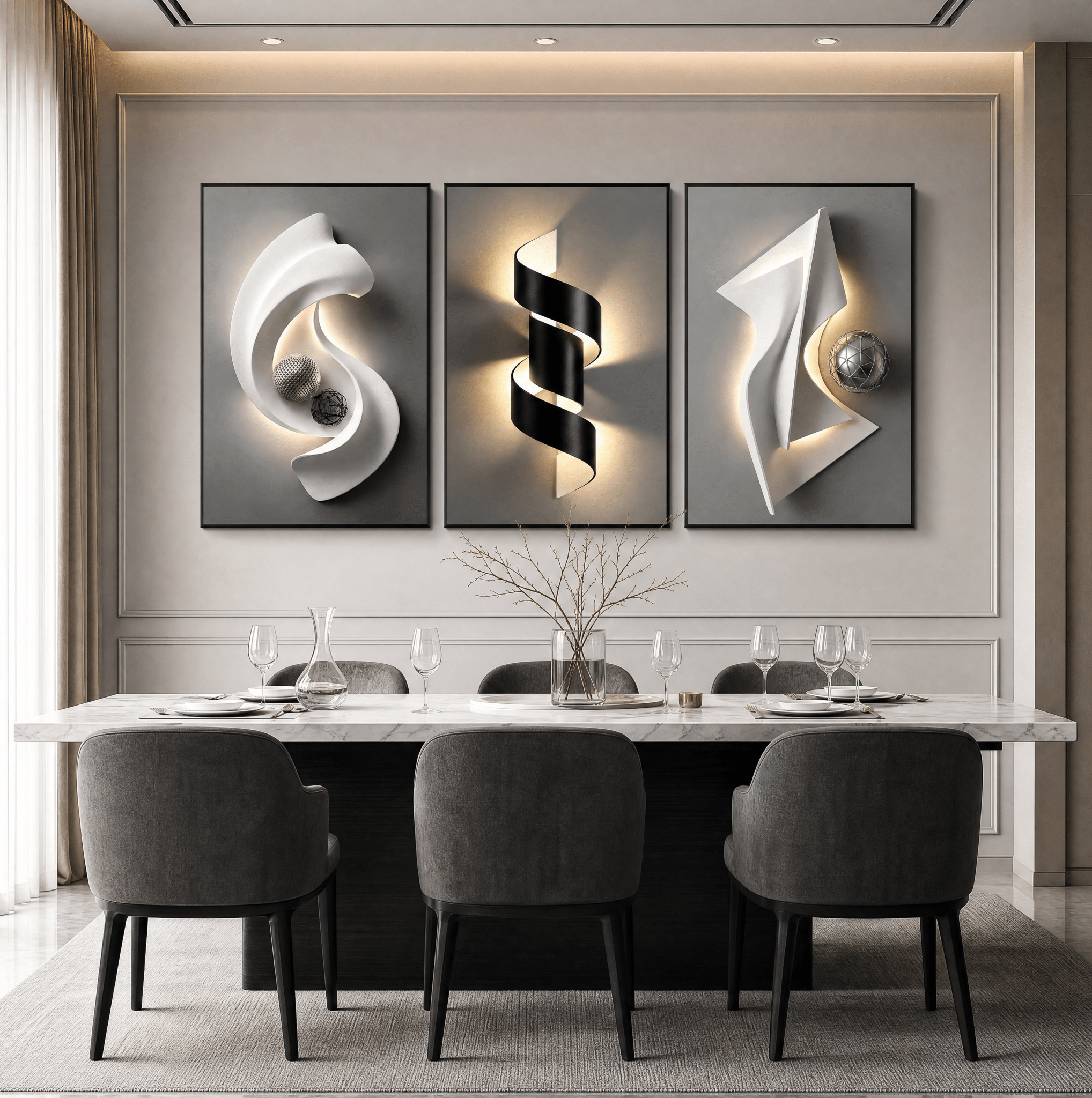 Architectural Crystal Coating Wall Art Set of 3, Large Geometric Canvas Wall Decor for Living Room
