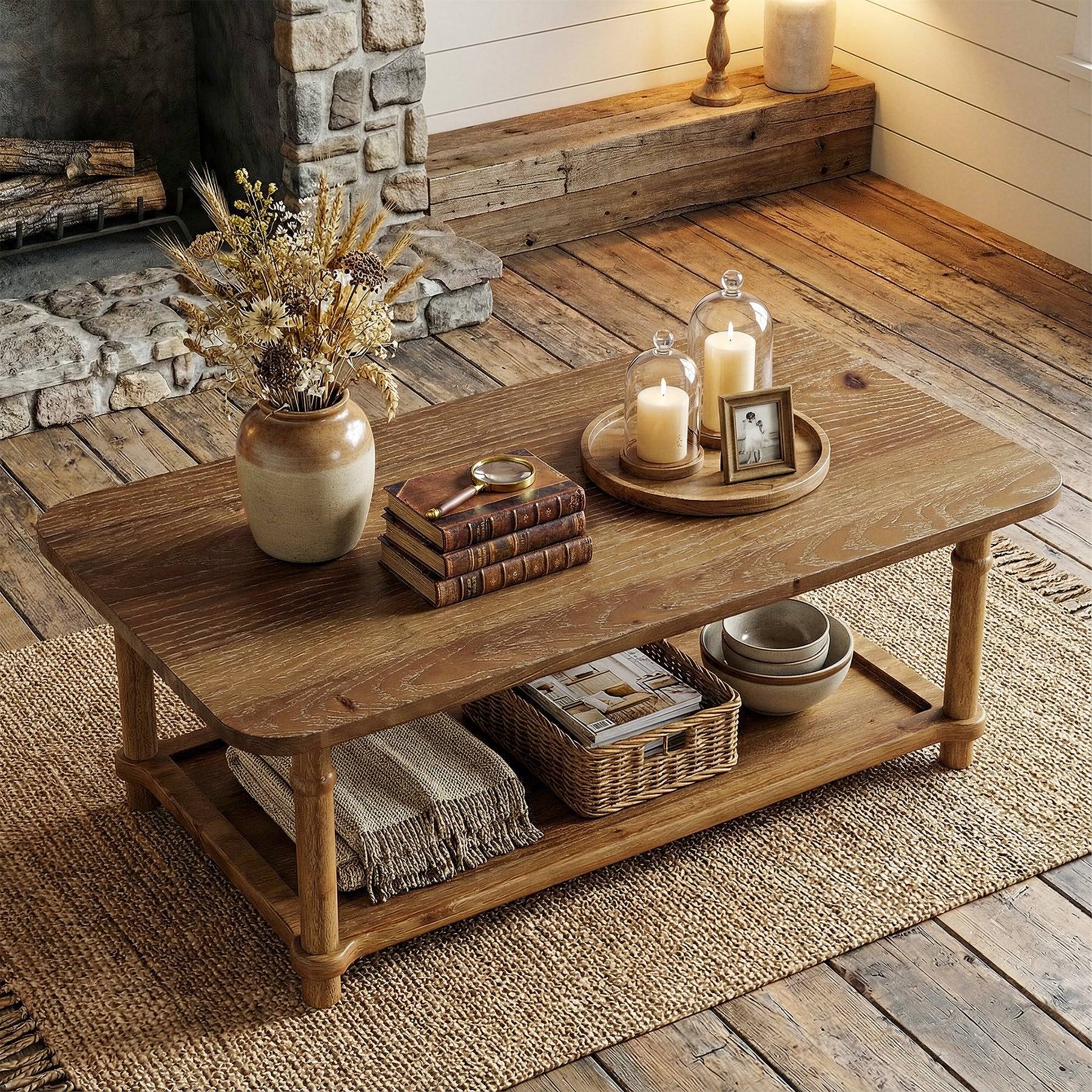 Rectangle Solid Wood Coffee Table, 47" Center Table with 2-Tier Storage