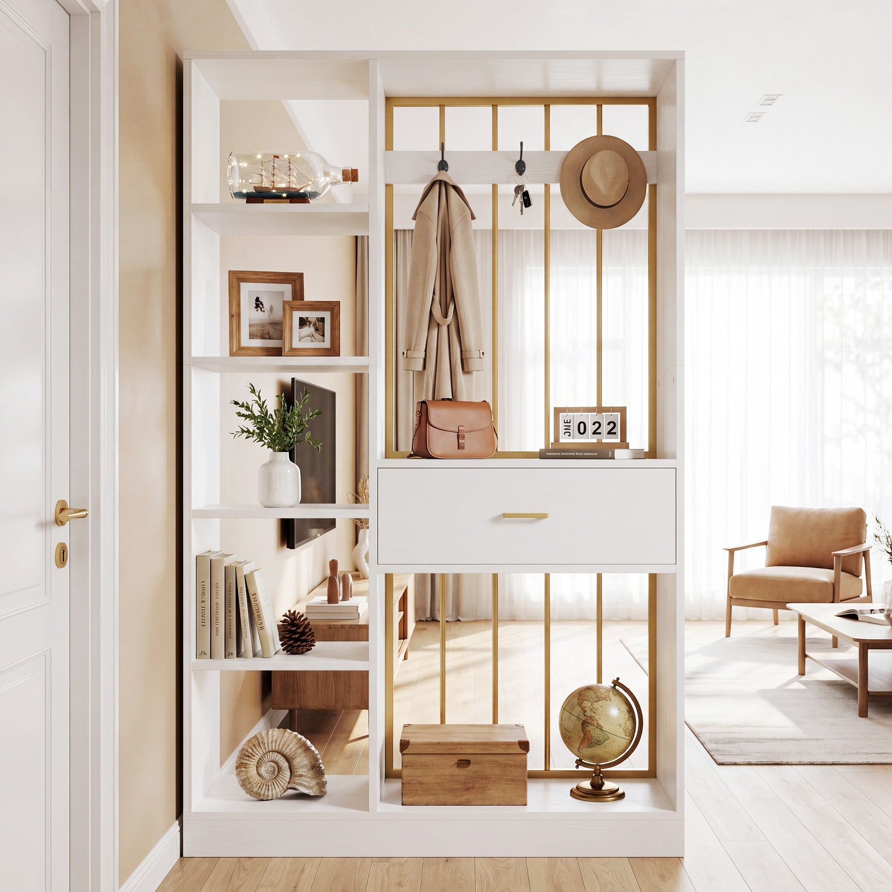 70.8" Room Divider with Storage Shelves, Drawer & Coat Rack, Freestanding Wood Partition Wall