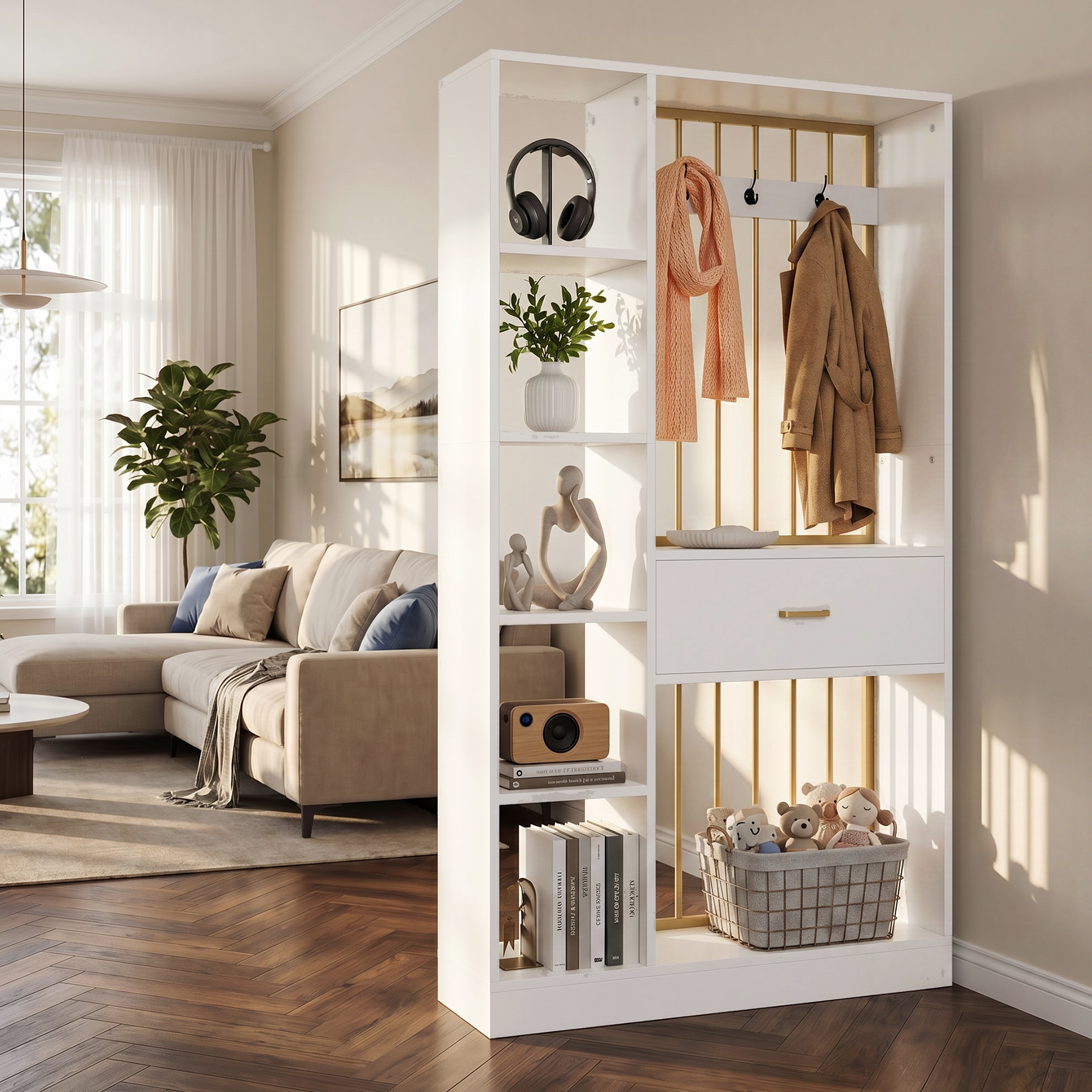 70.8" Room Divider with Storage Shelves, Drawer & Coat Rack, Freestanding Wood Partition Wall